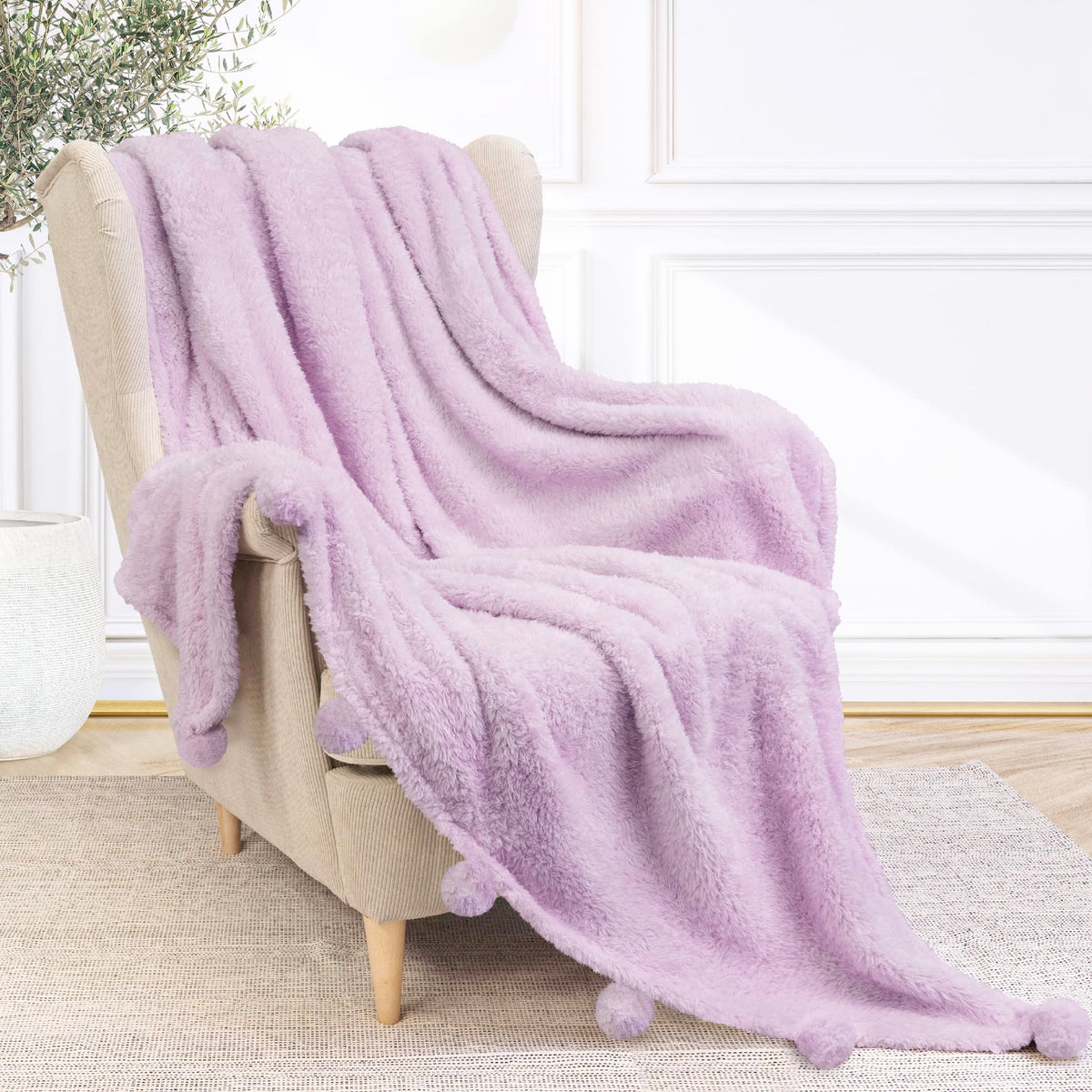 Pavilia Lavender Purple Lilac Sherpa Throw Blanket With Soft Pom Pom Fringe, Plush Cozy Warm Blankets For Couch Bed Sofa, Fuzzy