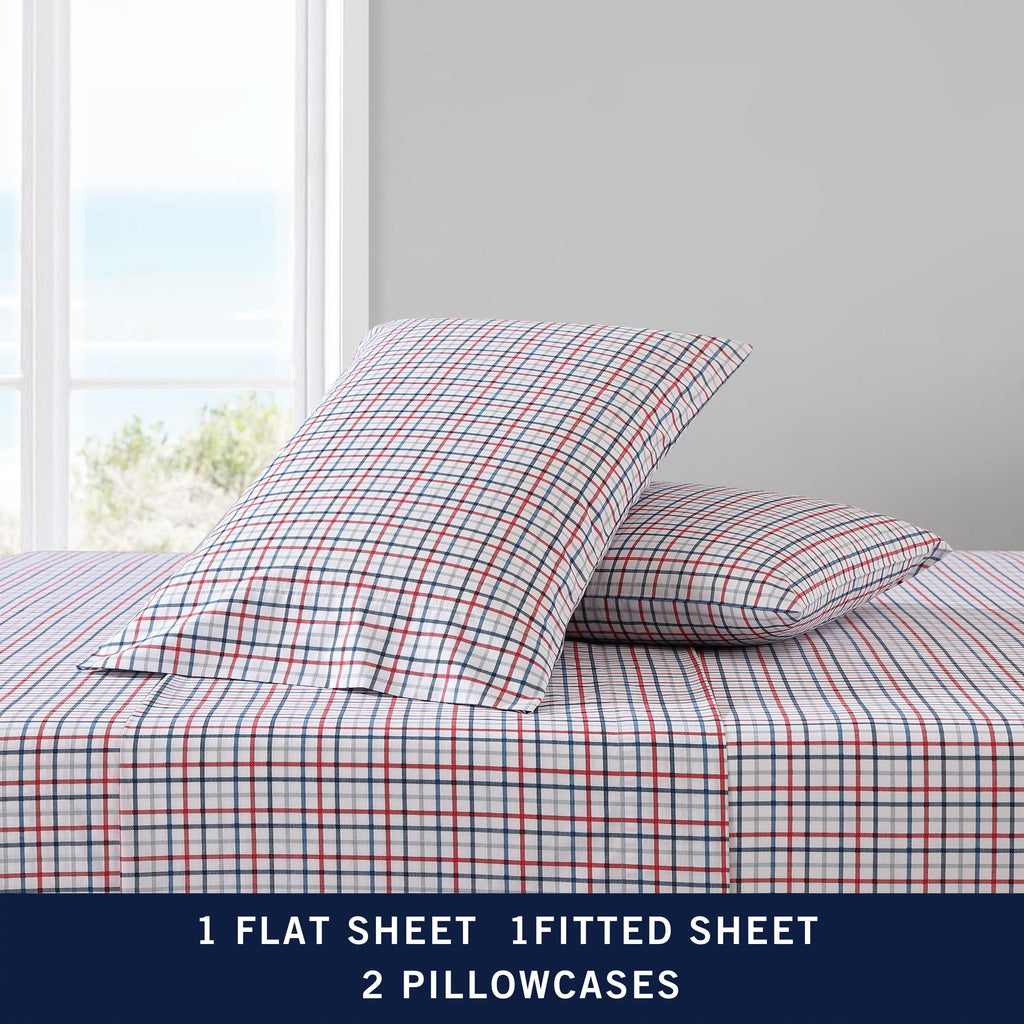Nautica - King Sheet Set, Cotton Percale Bedding Set, Crisp & Cool, Lightweight & Breathable (Boating Tattersall Red, King)