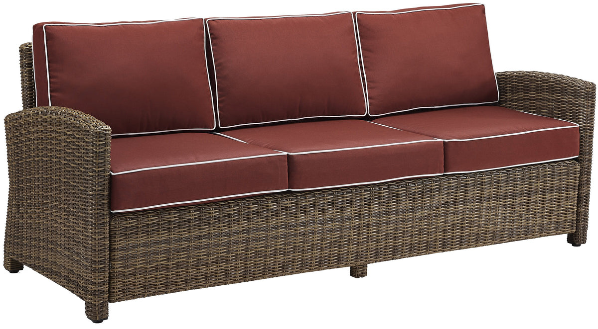 Crosley Furniture Bradenton Wicker Outdoor Sofa, 3-Person Patio Couch for Porch, Deck, Backyard, Brown with Sangria Cushions