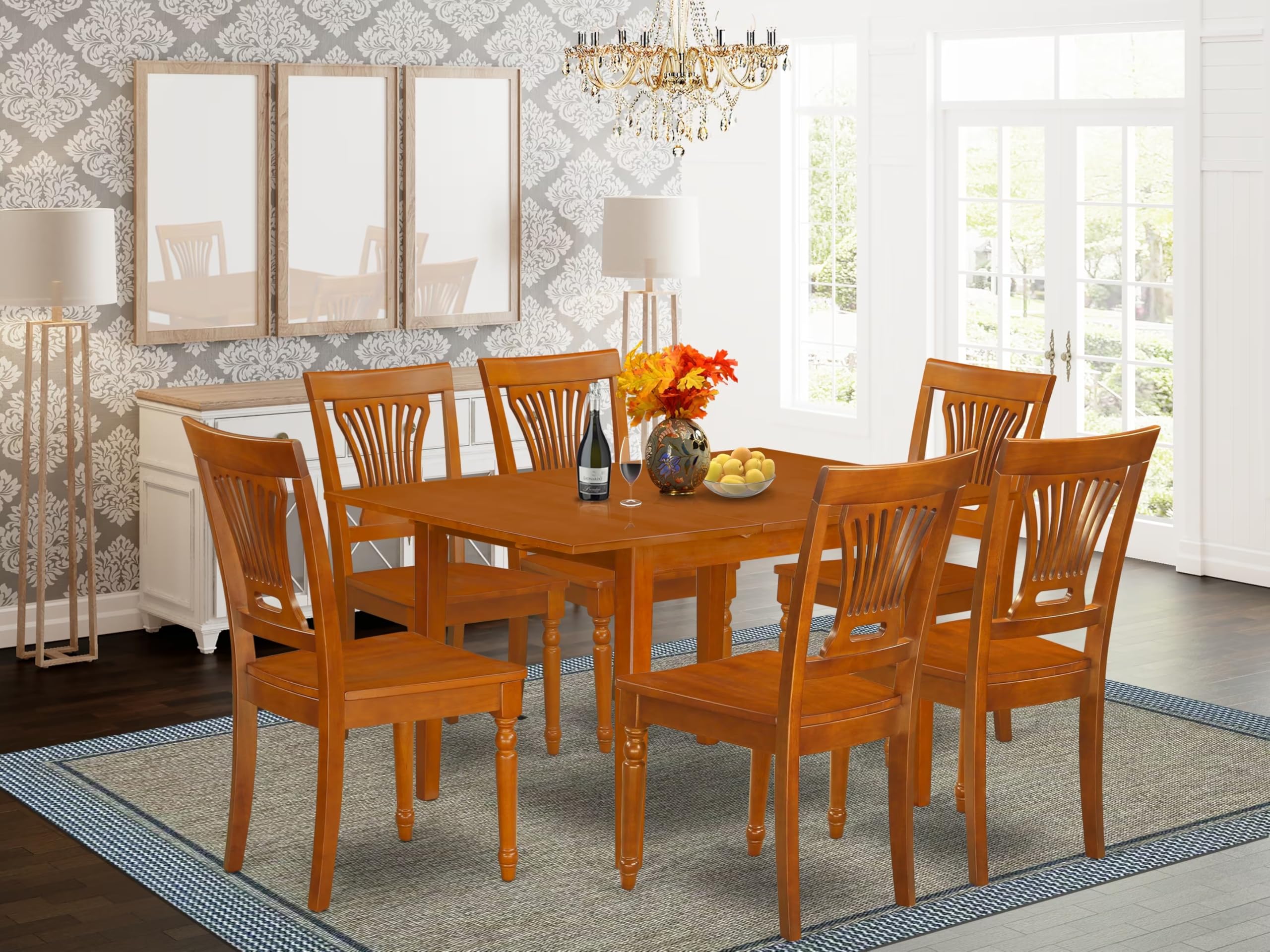 East West Furniture MLPL7-SBR-W 7 Piece Kitchen Table & Chairs Set Consist of a Rectangle Dining Room Table with Butterfly Leaf and 6 Solid Wood Seat Chairs, 36x54 Inch, Saddle Brown