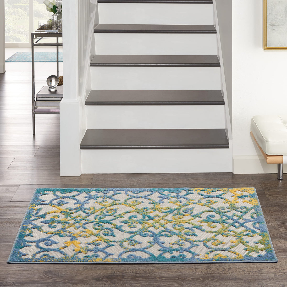 Nourison Aloha Indoor/Outdoor Ivory/Navy 2'8' X 4' Area Rug, Tropical, Botanical, Easy Cleaning, Non Shedding, Bed Room, Kitche