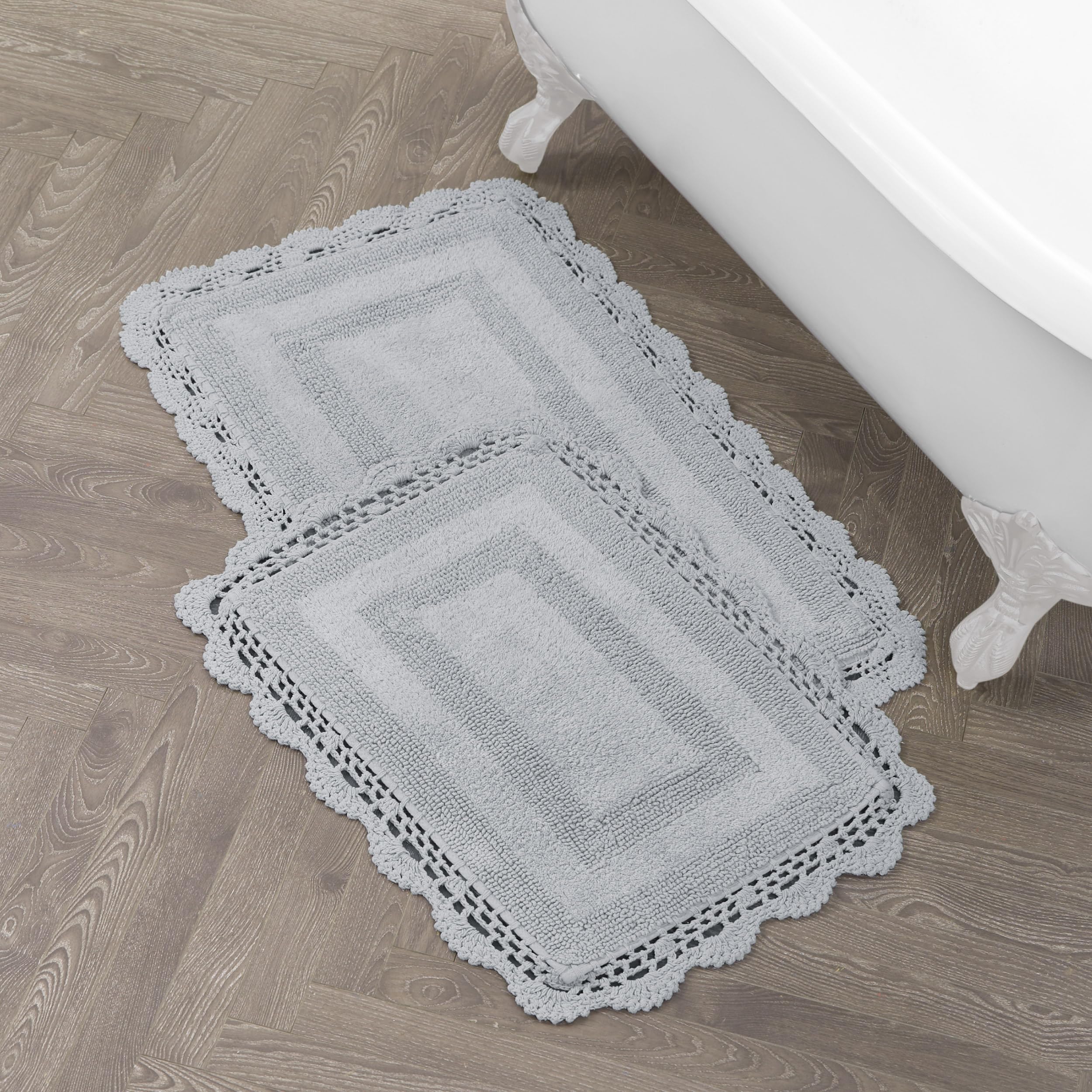 Laura Ashley Crochet Cotton 17x24/21x34 in. 2-Piece Bath Rug Set, Light Grey