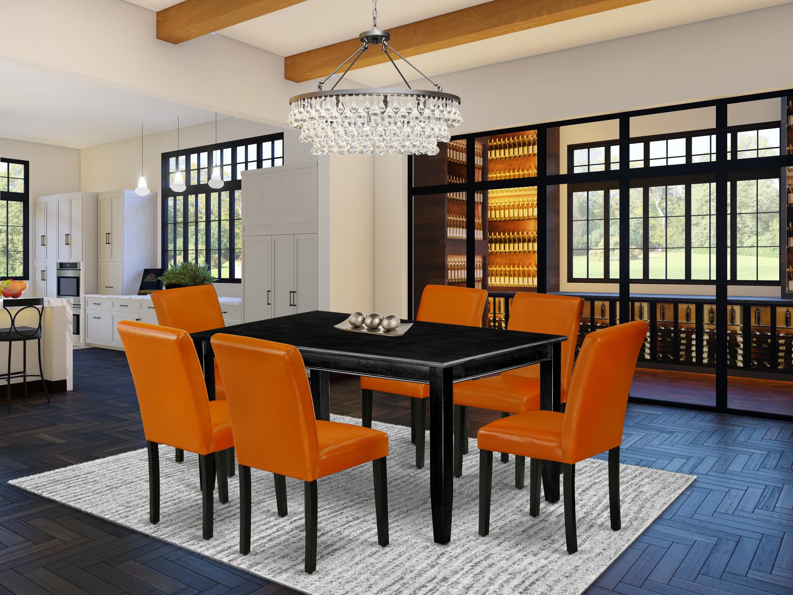 East West Furniture Duab7-Blk-61 7 Piece Kitchen Table & Chairs Set Consist Of A Rectangle Dining Table And 6 Baked Bean Faux Leather Parson Dining Room Chairs, 36X60 Inch, Black