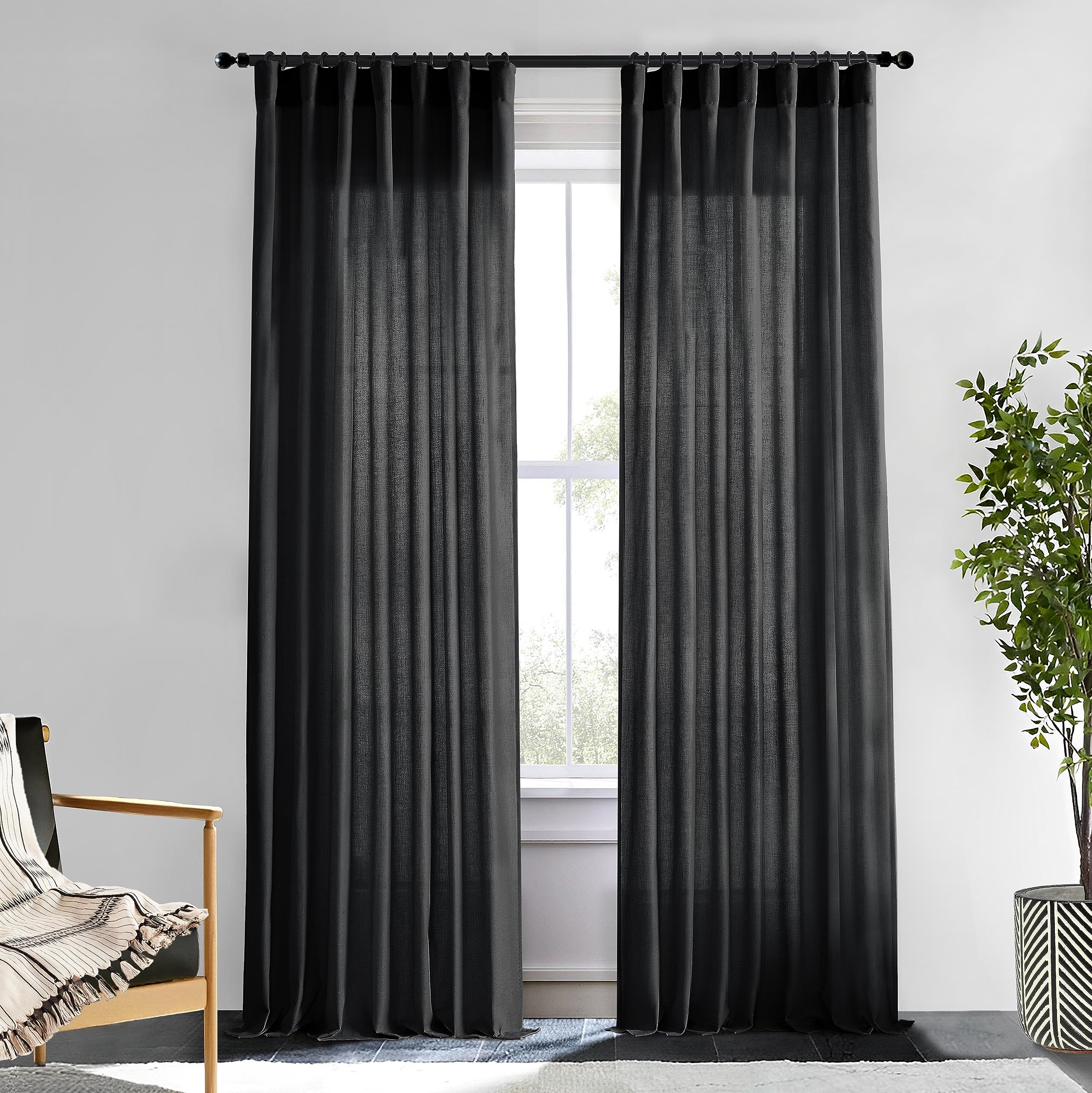 Xtmyi Black Sheer Curtains 84 Inches Long For Bedroom Linen Back Tab Pleated No Grommets Semi Privacy Light Filtering Boho Windo