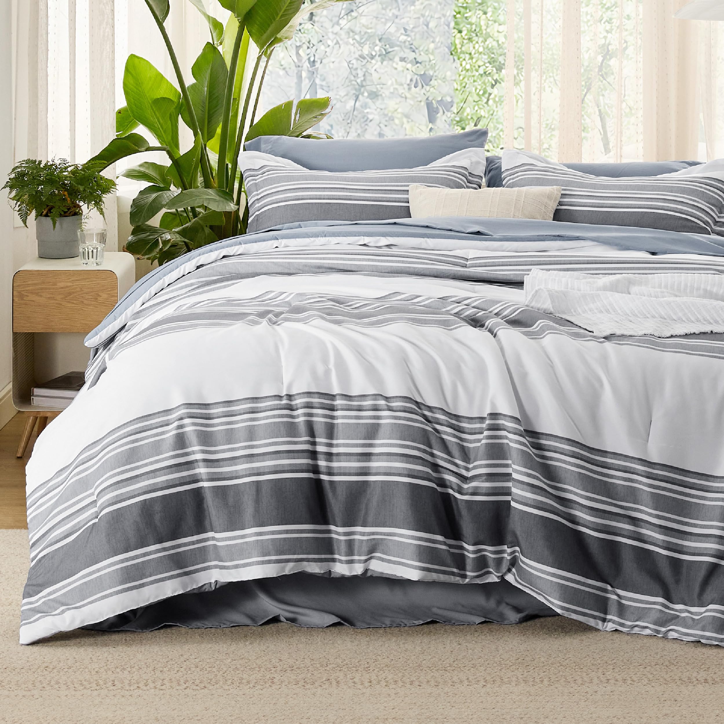 Bedsure King Comforter Set 7 Pieces, Dark Grey Striped Bedding Set For King Size Bed Reversible, Cationic Dyeing Bed In A Bag With Comforter, Sheets, Pillowcases & Shams
