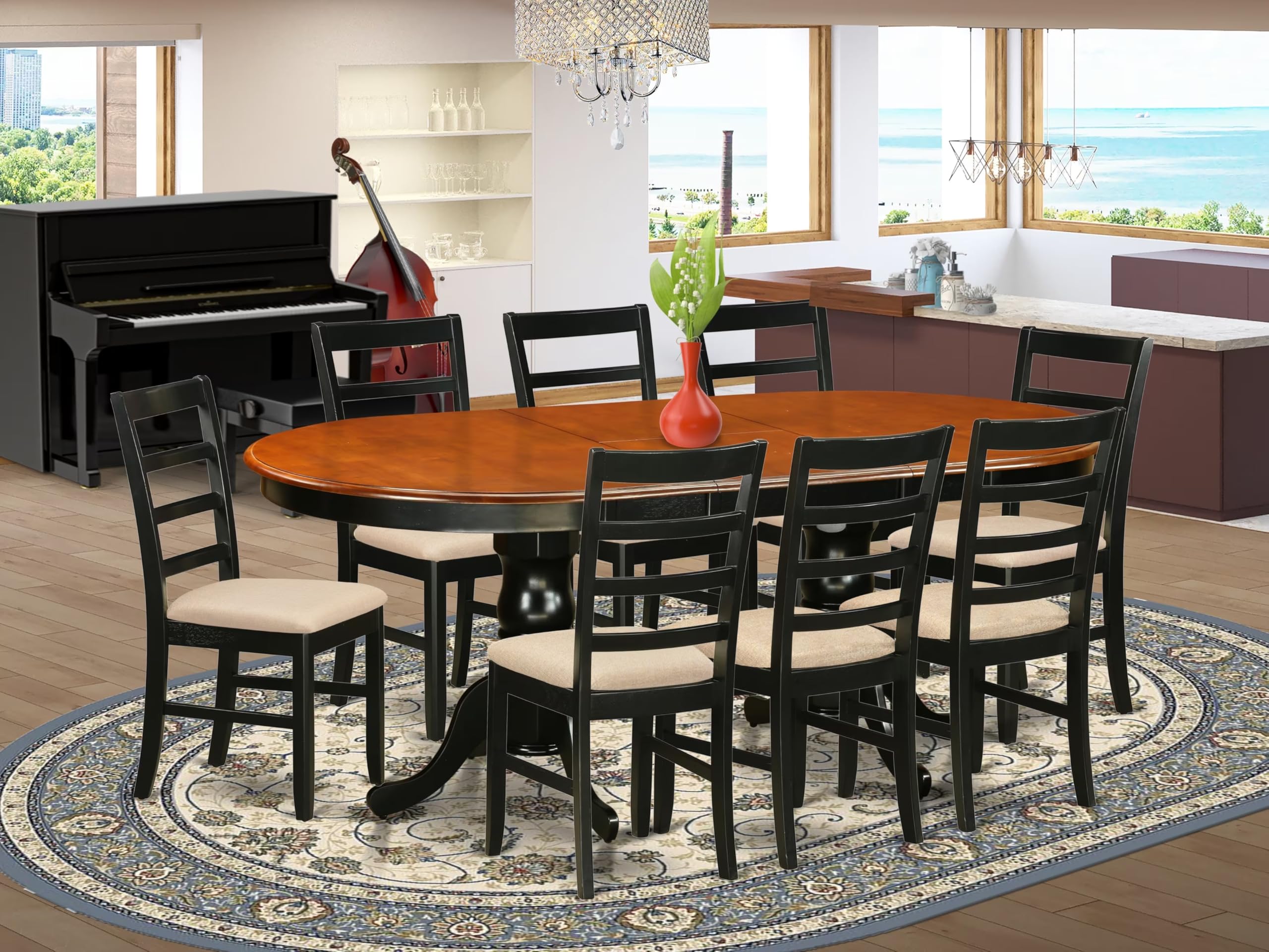 East West Furniture PLPF9-BCH-C 9 Piece Kitchen Table & Chairs Set Includes an Oval Dining Room Table with Butterfly Leaf and 8 Linen Fabric Upholstered Chairs, 42x78 Inch, Black & Cherry