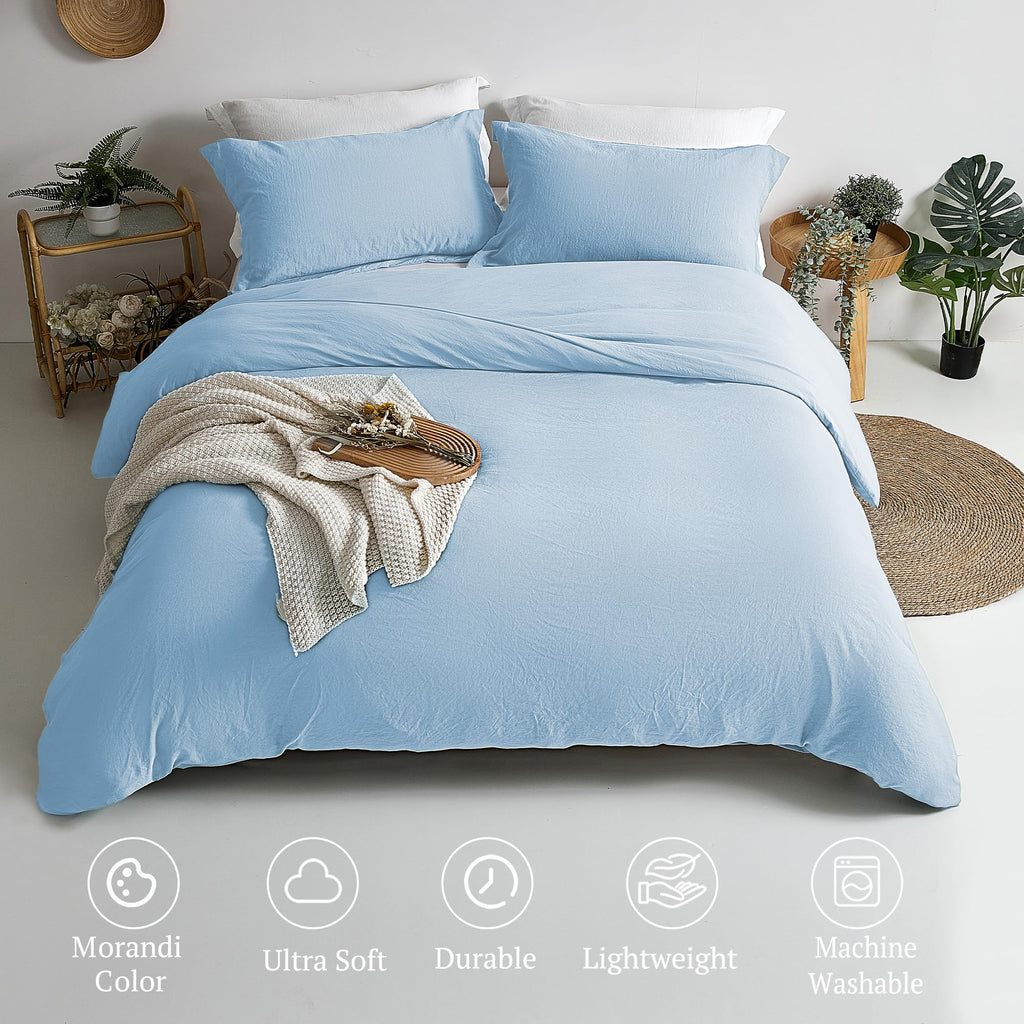 Mildly Super Soft Duvet Cover - 100% Washed Microfiber Cool Blue Comforter Cover Set 3 Pieces With Zipper Closure & Corner Ties