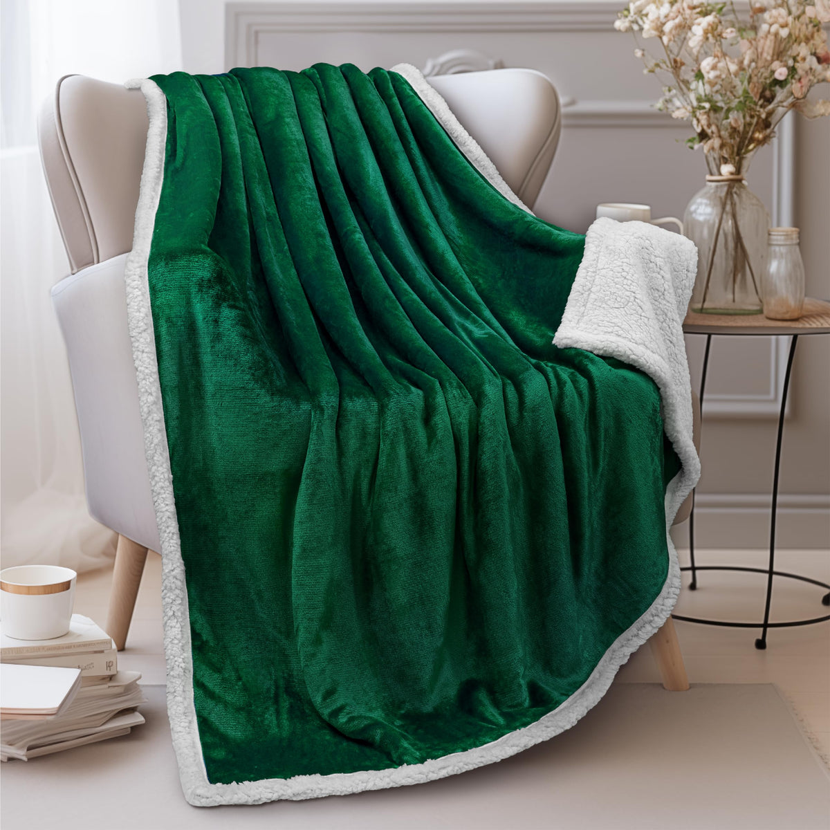 Pavilia Emerald Green Sherpa Fleece Throw Blanket For Couch, Soft Thick Bed Blanket For Sofa, Cozy Warm Throw Blanket All Season