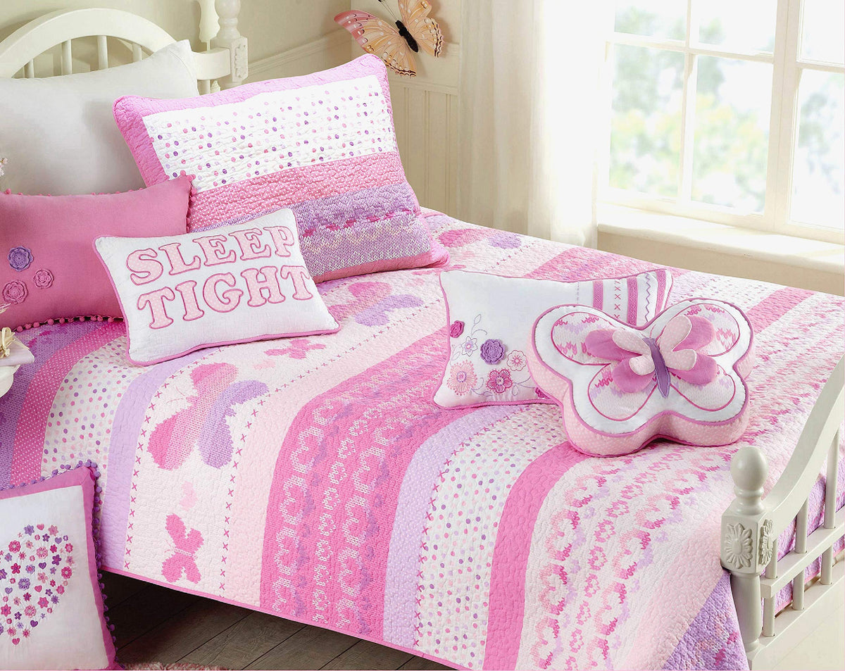 Cozy Line Home Fashions 100% Cotton Pink Heart Polka Dot Girl Reversible Bedding Quilt Set, Bedspread Coverlet For All Seasons (