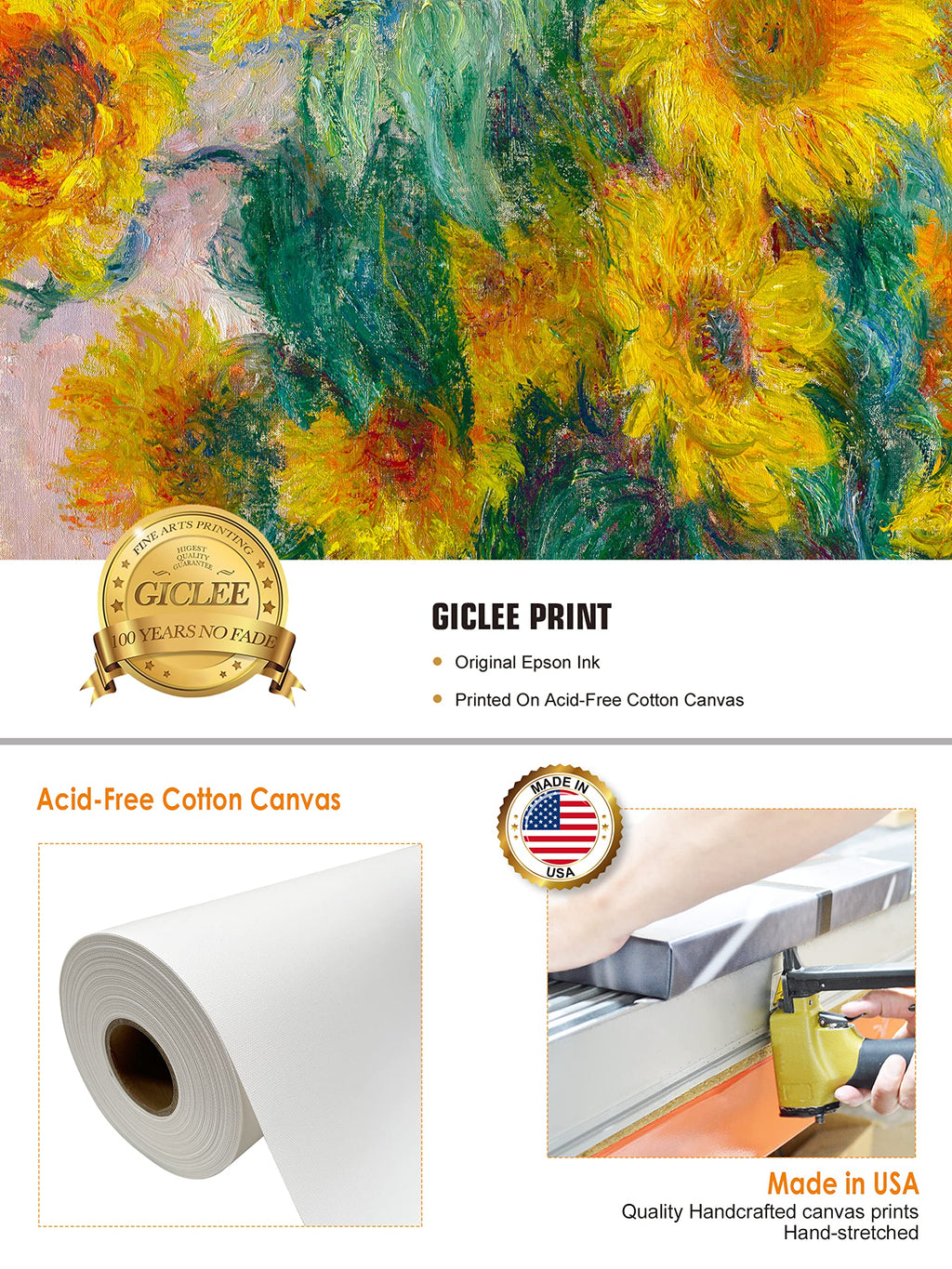 Decorarts - Monet Sunflowers, Claude Monet Art Reproduction. Giclee Canvas Prints Wall Art For Home Decor 20X16