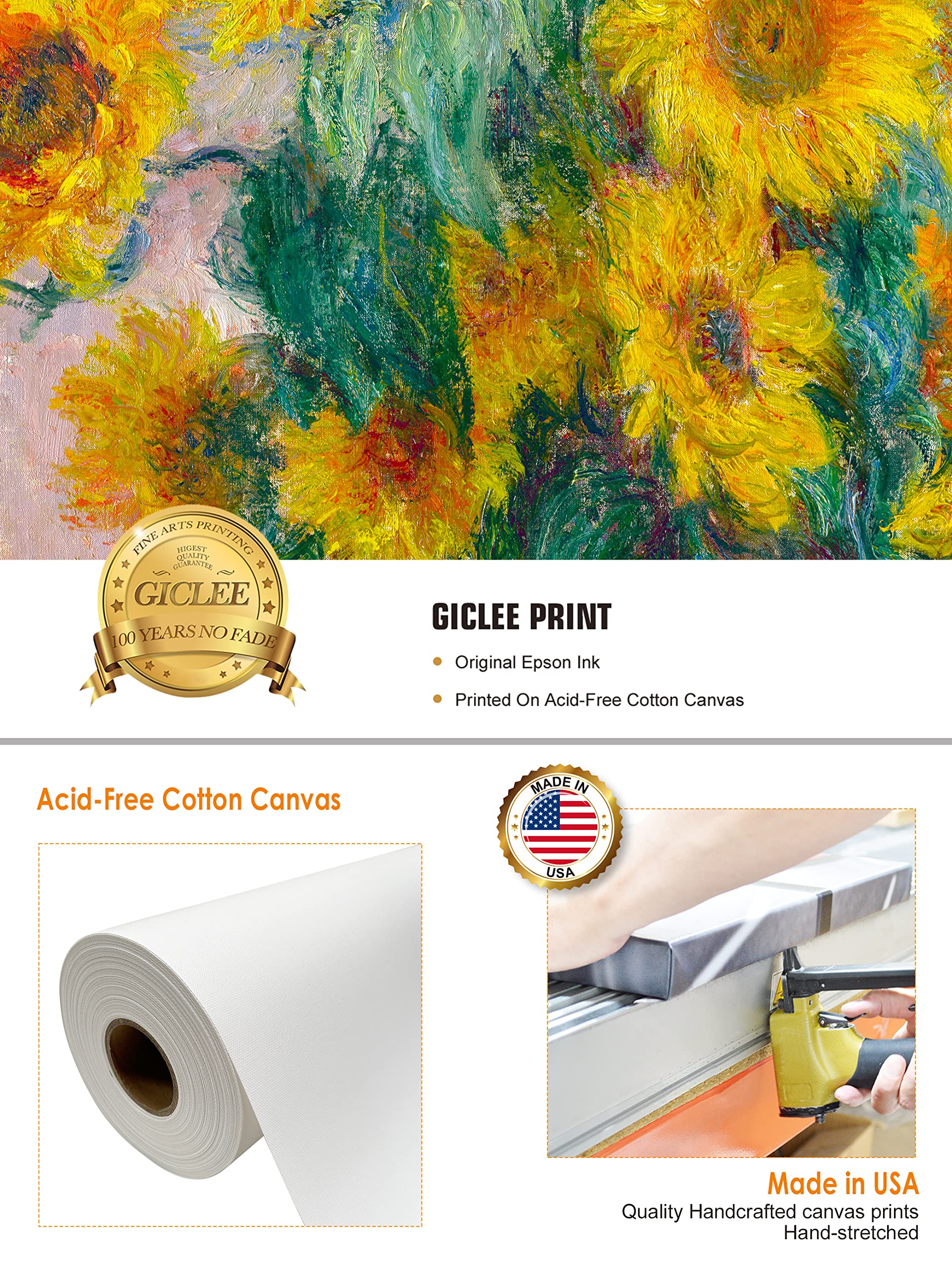 Decorarts - Monet Sunflowers, Claude Monet Art Reproduction. Giclee Canvas Prints Wall Art For Home Decor 20X16