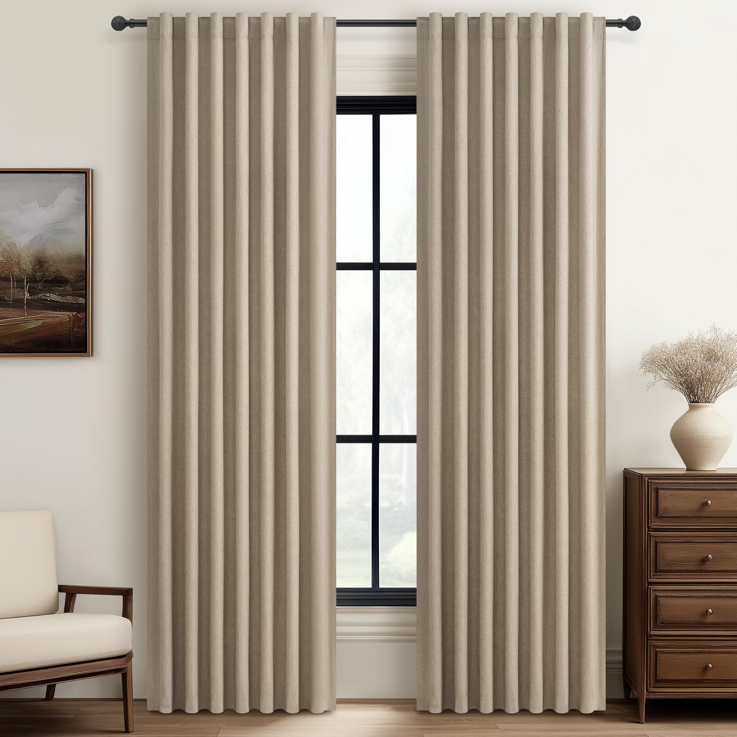 100% Blackout Curtains 84 Inch Length 2 Panels Set Farmhouse Style for Bedroom Windows/Living Room Thermal Insulated Neutral Boh