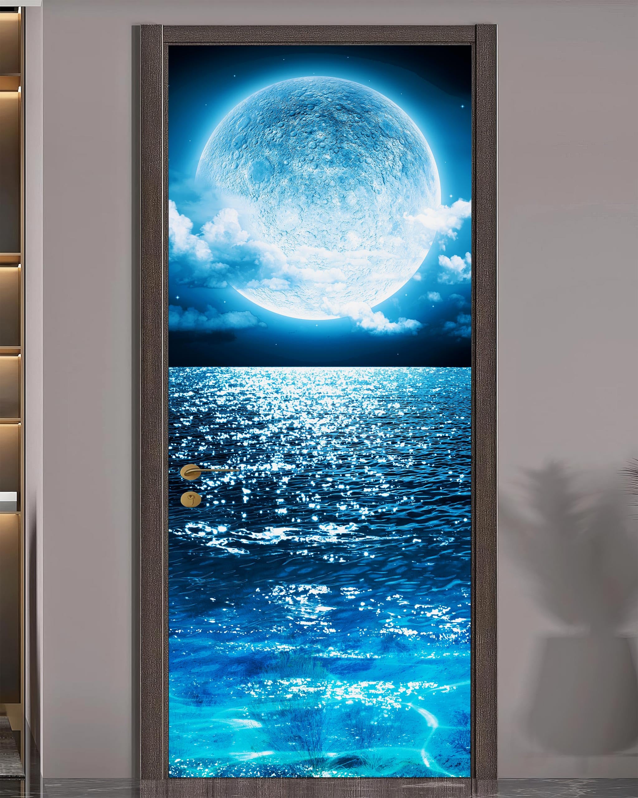 FLFK Door Sticker - Door Mural Peel and Stick, Removable Self-Adhesive Ocean Moon Wallpaper for Home Decor, 30.3 W x 78.7 L, Set