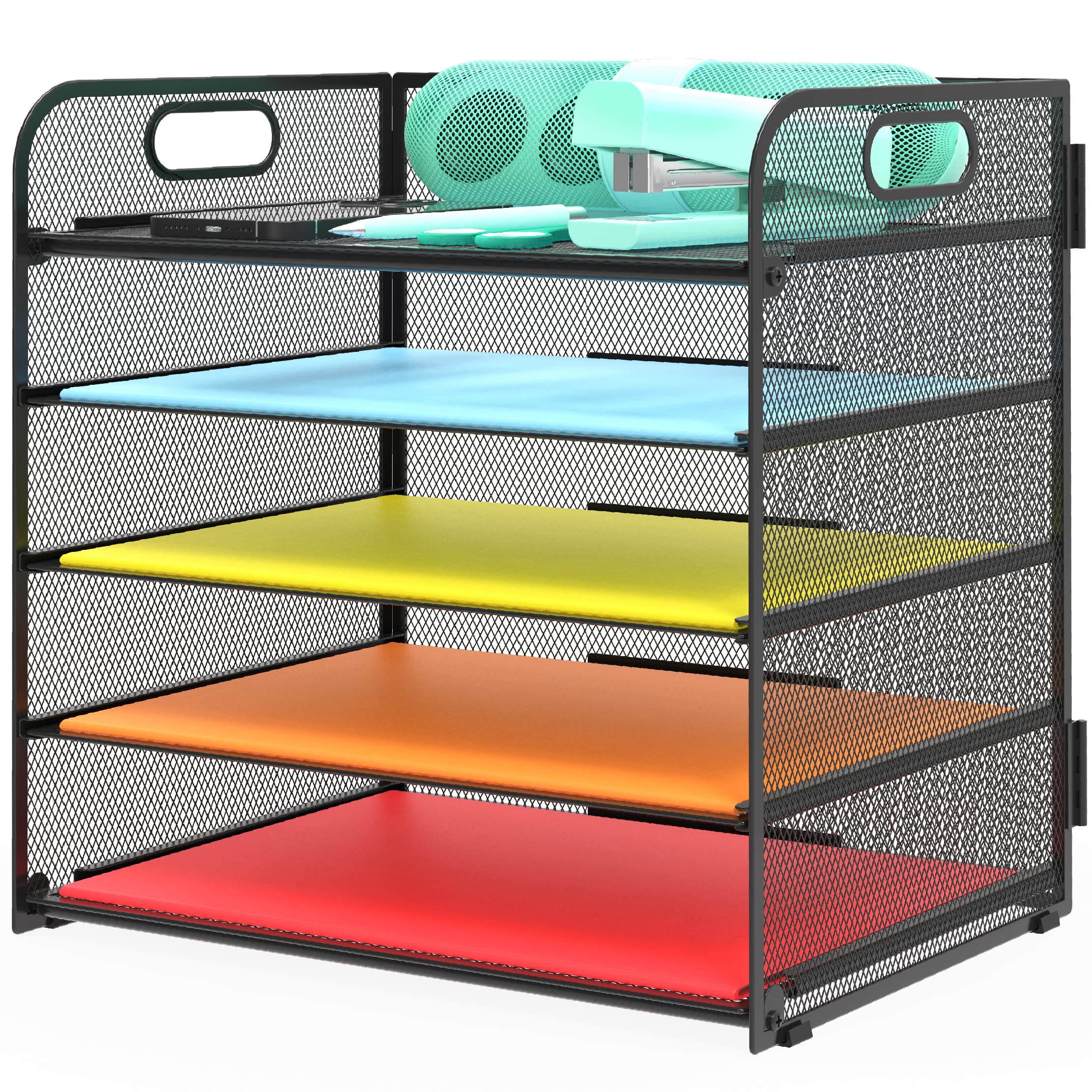 Letter Tray Paper Organizer 5-Tier Desk Organizer File Organizer Paper Holder With Handle, Metal Desktop Document Shelf Tray Off