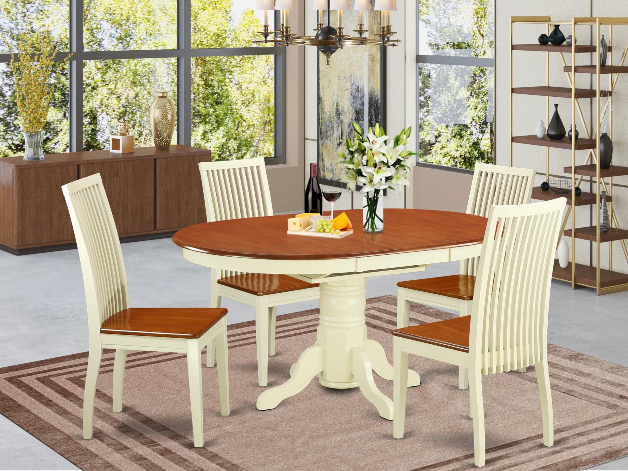 East West Furniture Keip5-Bmk-W 5 Piece Dining Room Furniture Set Includes An Oval Kitchen Table With Butterfly Leaf And 4 Dining Chairs, 42X60 Inch, Buttermilk & Cherry