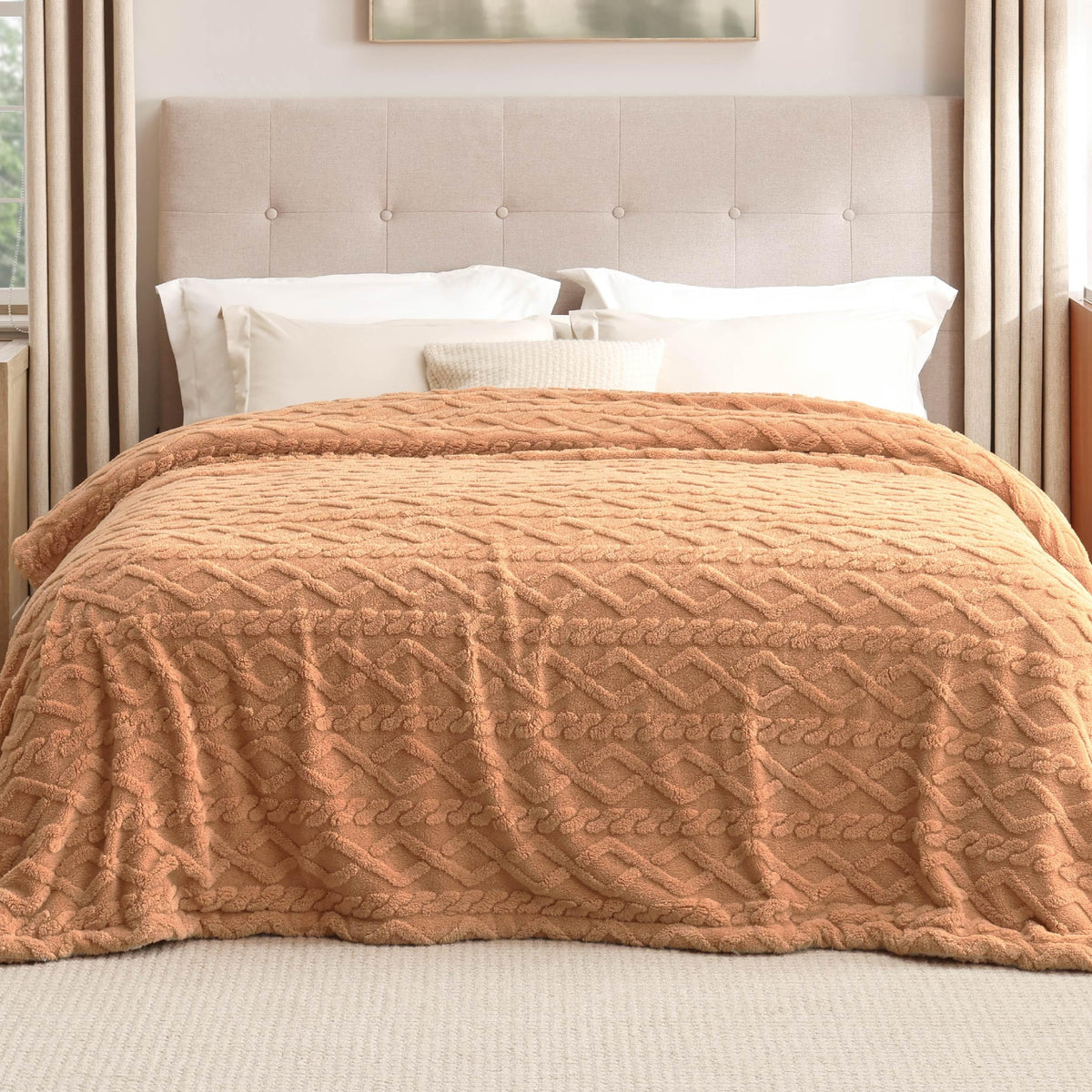 Bedsure Sherpa Queen Size Blanket For Bed - Fleece Soft Cozy Fuzzy Cable Blankets For Women, Thick Warm For Winter And All Seasons, Light Brown, 90X90 Inches