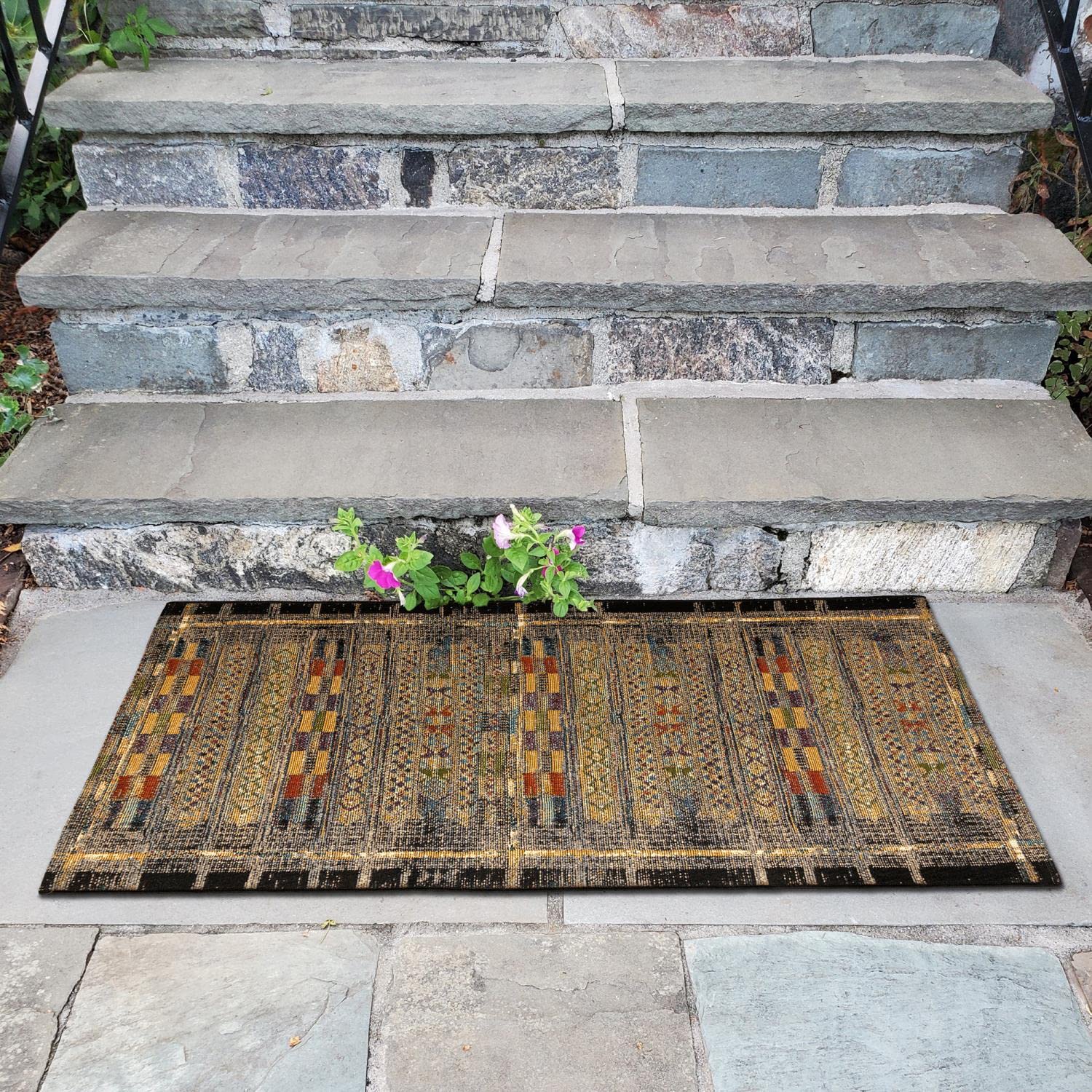 Liora Manne Marina Low Profile Durable Indoor/Outdoor Woven Rug- Tribal Stripe Black 2'7' X 4'3'