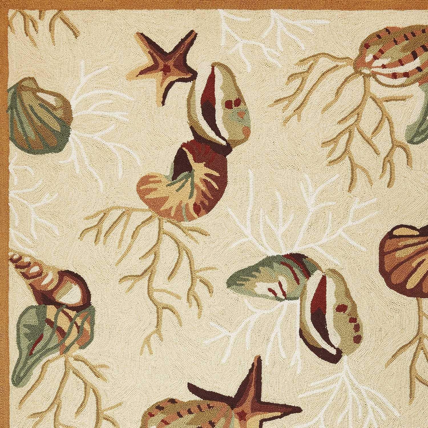 HomeRoots Polyester 2'x3' Beige Hand Hooked Sea Shells Indoor Accent Rug