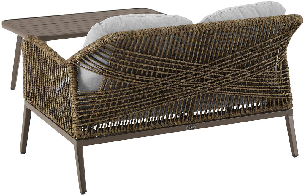 Crosley Furniture Haven 2-Piece Wicker Outdoor Coffee Table and Loveseat Patio Furniture Set for Porch, Light Brown with Light Gray Cushions