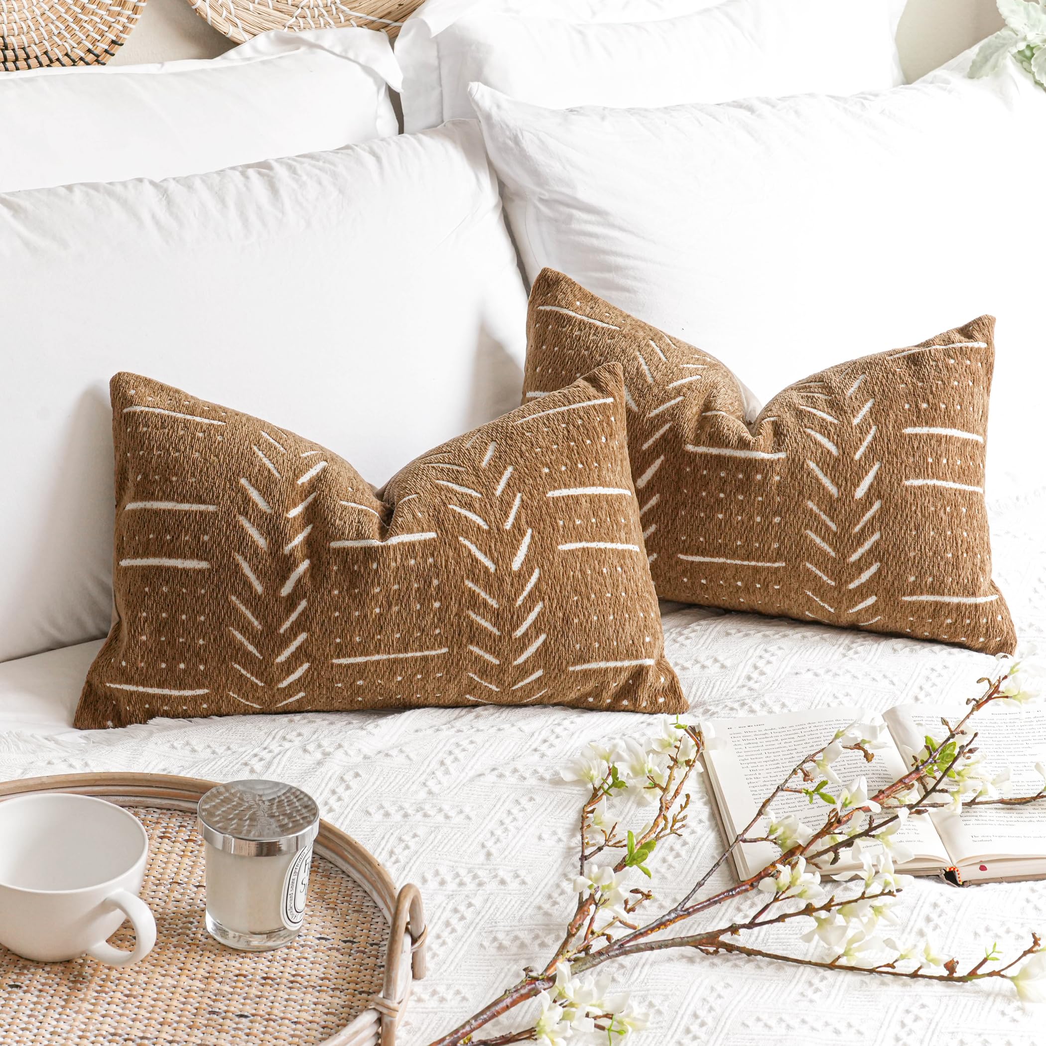 BlissBlush Brown Decorative Lumbar Throw Pillow Covers 12X20, Set of 2, Boho Farmhouse Cushion Cover, Soft Accent Pillowcase for