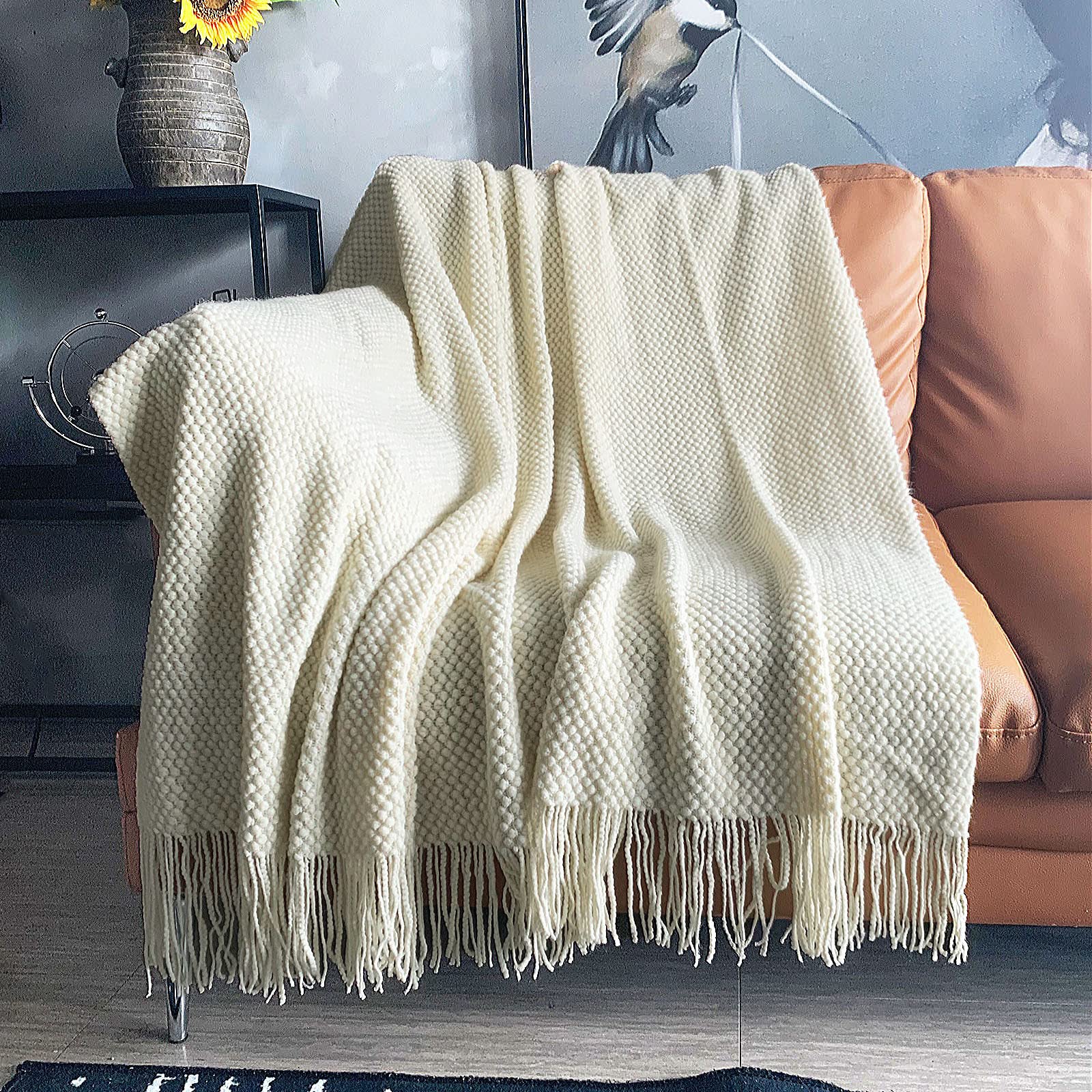 Lomao Knitted Throw Blanket With Tassels Bubble Textured Lightweight Throws For Couch Cover Home Decor (Cream, 60X80)
