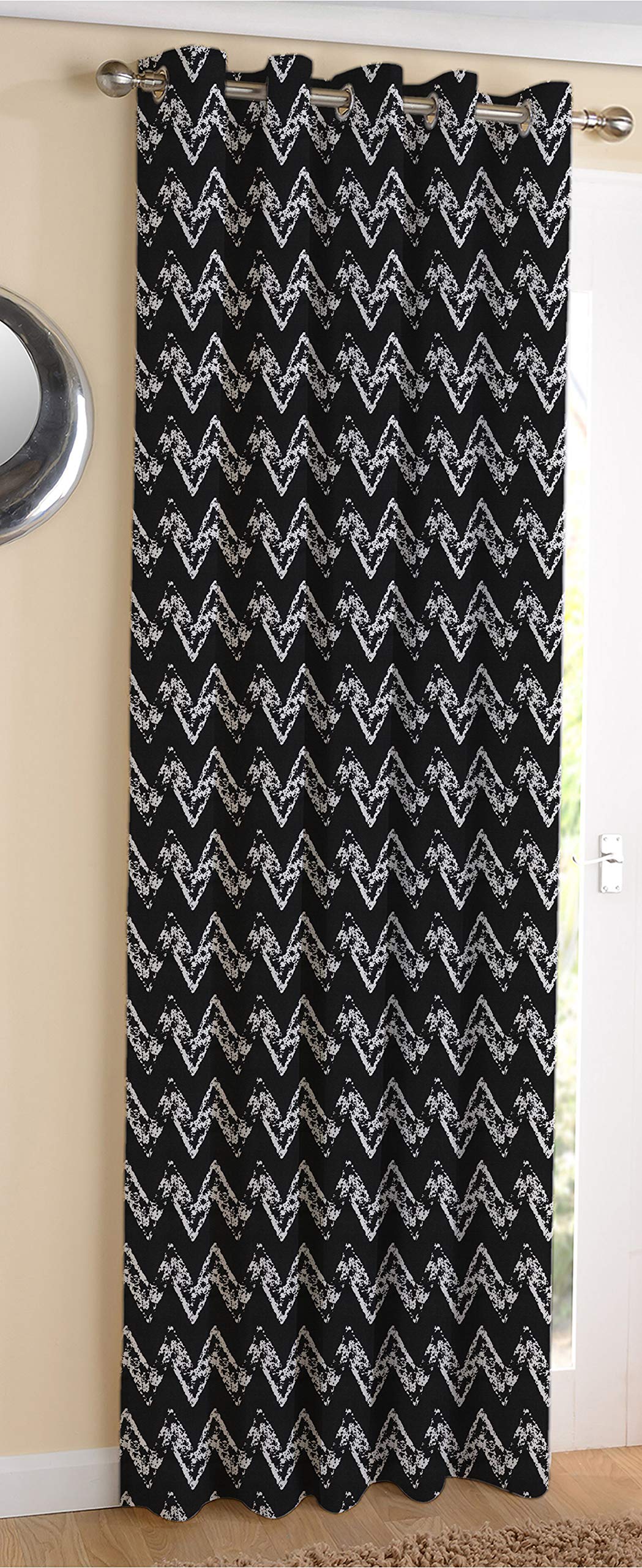 AIRWILL Cotton Zig Zag Designed Blackout and Room Darkening 7ft Door Curtains Pack of 1 pc. (Geometric  Black)