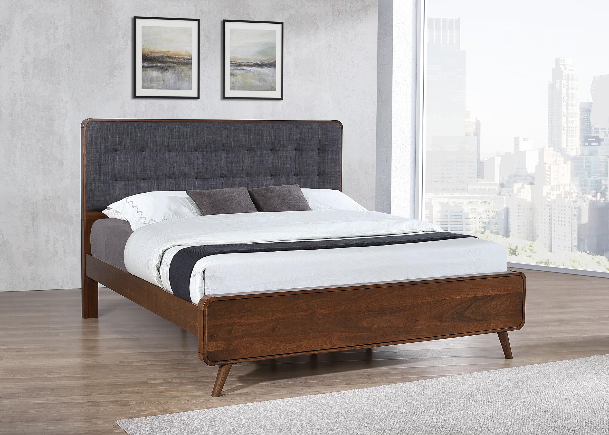 Coaster Home Furnishings Robyn Contemporary Fabric Upholstered Eastern King Size Panel Bed Frame Platform Bed 53-inch Headboard Dark Walnut 205131KE