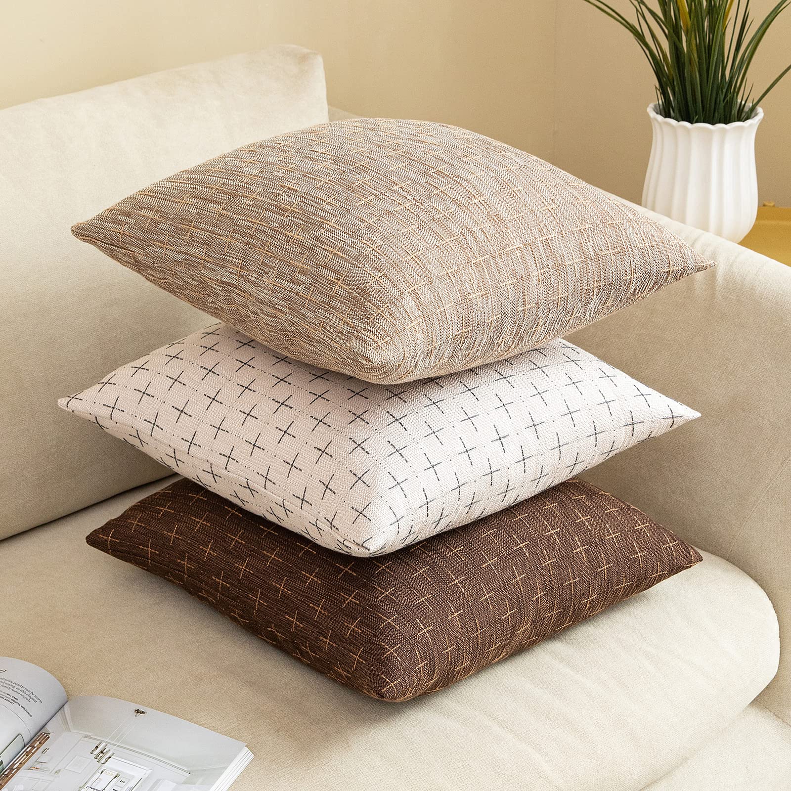 MIULEE Decorative Burlap Linen Throw Pillow Covers, 16x16 Inch, Dark Coffee, Pack of 2, Rustic Woven Cushion for Sofa and Bed