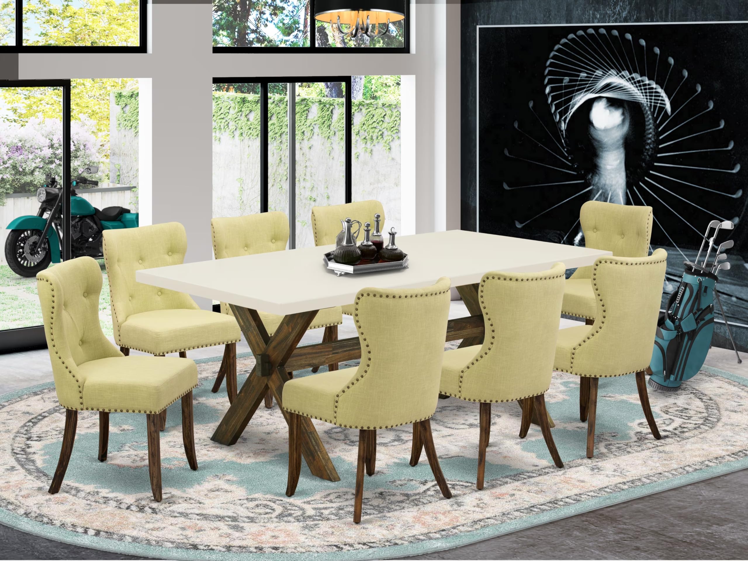 East West Furniture X727Si737-9 9 Piece Dining Room Furniture Set Includes A Rectangle Dining Table With X-Legs And 8 Limelight Linen Fabric Upholstered Chairs, 40X72 Inch, Multi-Color