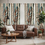 Ambesonne Bohemian Window Curtains Pack Of 2, Bold And Big Feather Motif On Southwestern Inspired Striped Print, Lightweight Set