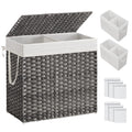 SONGMICS 130L Clothes Hamper with Lid, 2 Removable Liner Bags, 6 Mesh Bags, Wicker, Double Laundry Basket for Bathroom, 13 x 26 