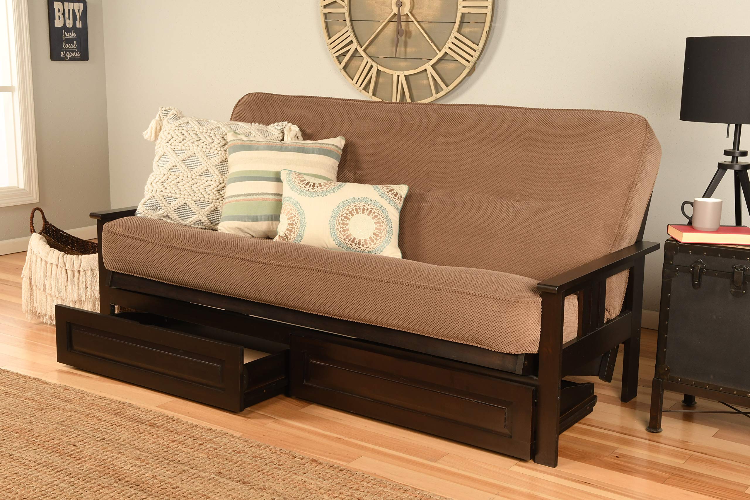 Kodiak Furniture Monterey Futon Set with Storage Drawers, with Espresso Base and Marmont Mocha Mattress
