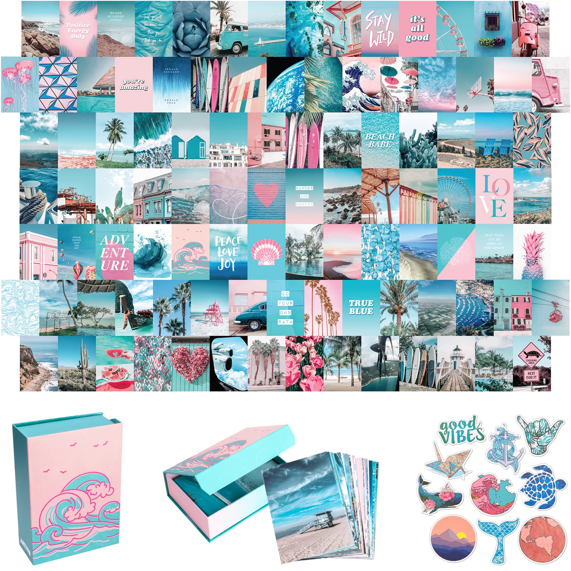 Blue Aesthetic Wall Collage Kit, 100 Set 4x6 inch, Pink VSCO Room Decor for Teen Girls, Summer Beach Wall Art Print, Dorm Photo 