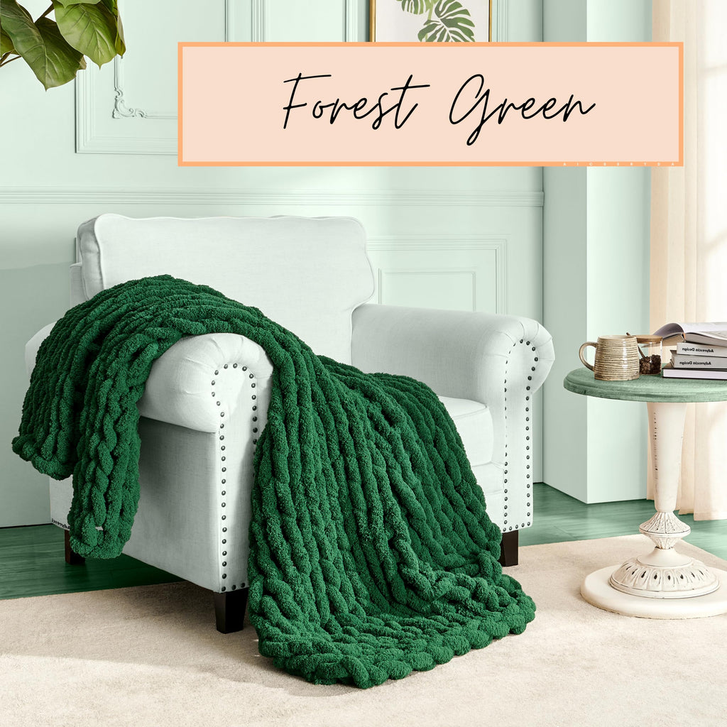 Adyrescia Chunky Knit Blanket Throw | 100% Hand Knit With Jumbo Chenille Yarn (50''X60'', Forest Green)