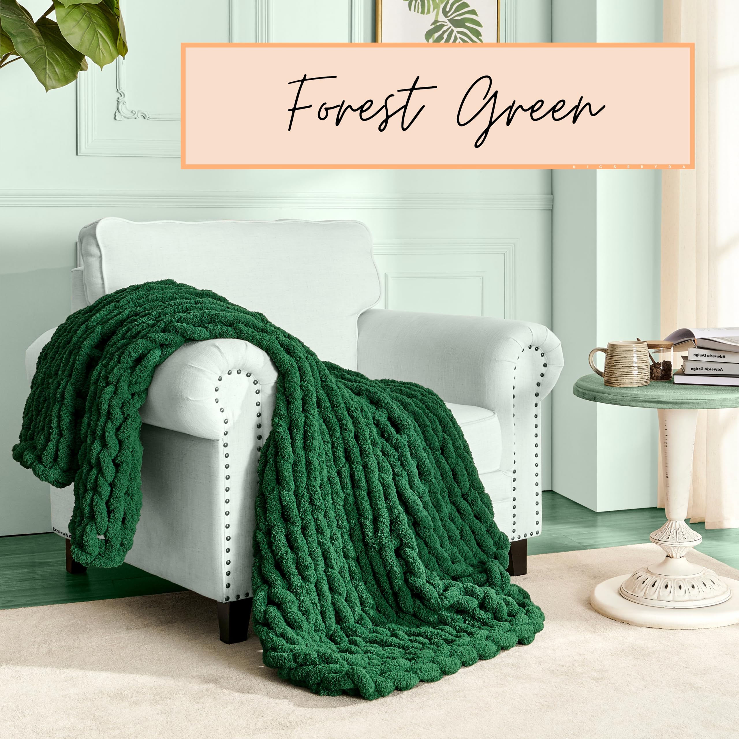Adyrescia Chunky Knit Blanket Throw | 100% Hand Knit With Jumbo Chenille Yarn (50''X60'', Forest Green)