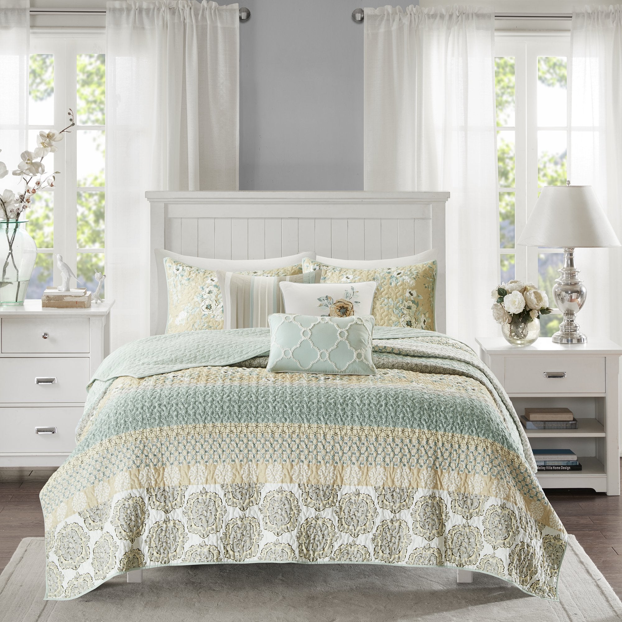 Madison Park 100% Cotton Quilt Set Floral Print, Double Sided Stitching, All Season, Lightweight Coverlet Shabby Chic Bedding La