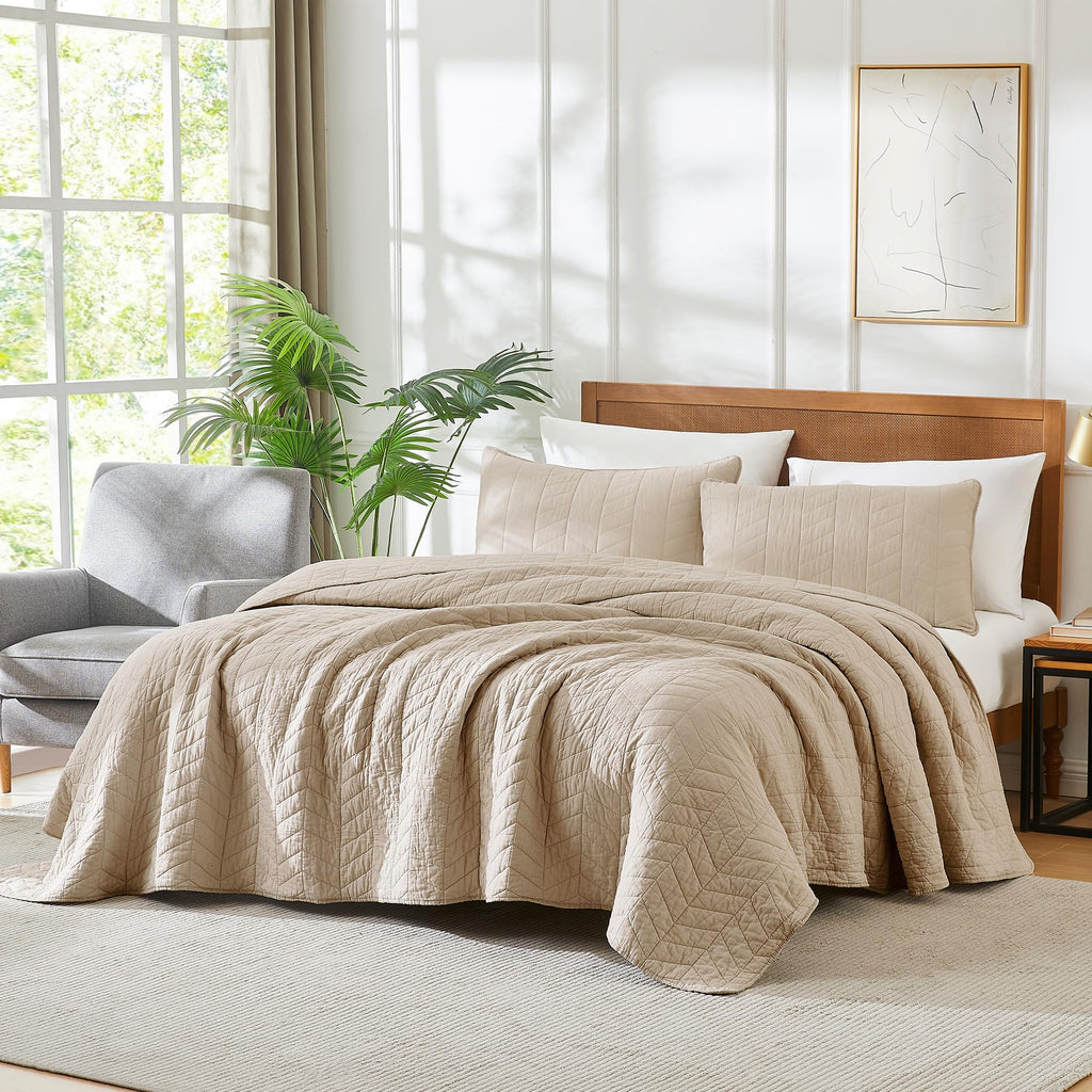 Palassio Dark Beige 100% Cotton Quilt Queen Size Bedding Sets With Pillow Shams, Lightweight Soft Bedspread Coverlet, Quilted Co