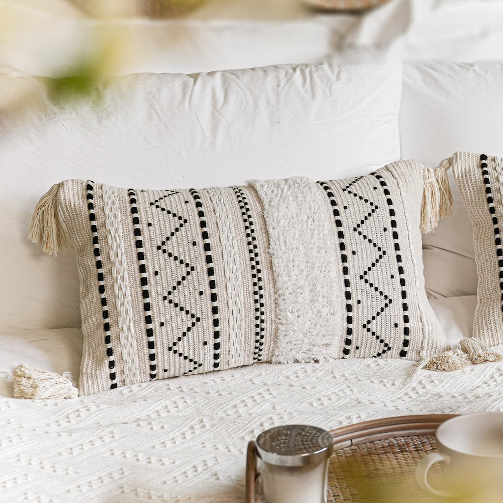 Blissblush Decorative Lumbar Throw Pillow Cover 12X20 Rectangular Boho Accent Pillowcase Black Neutral White Farmhouse Cushion F