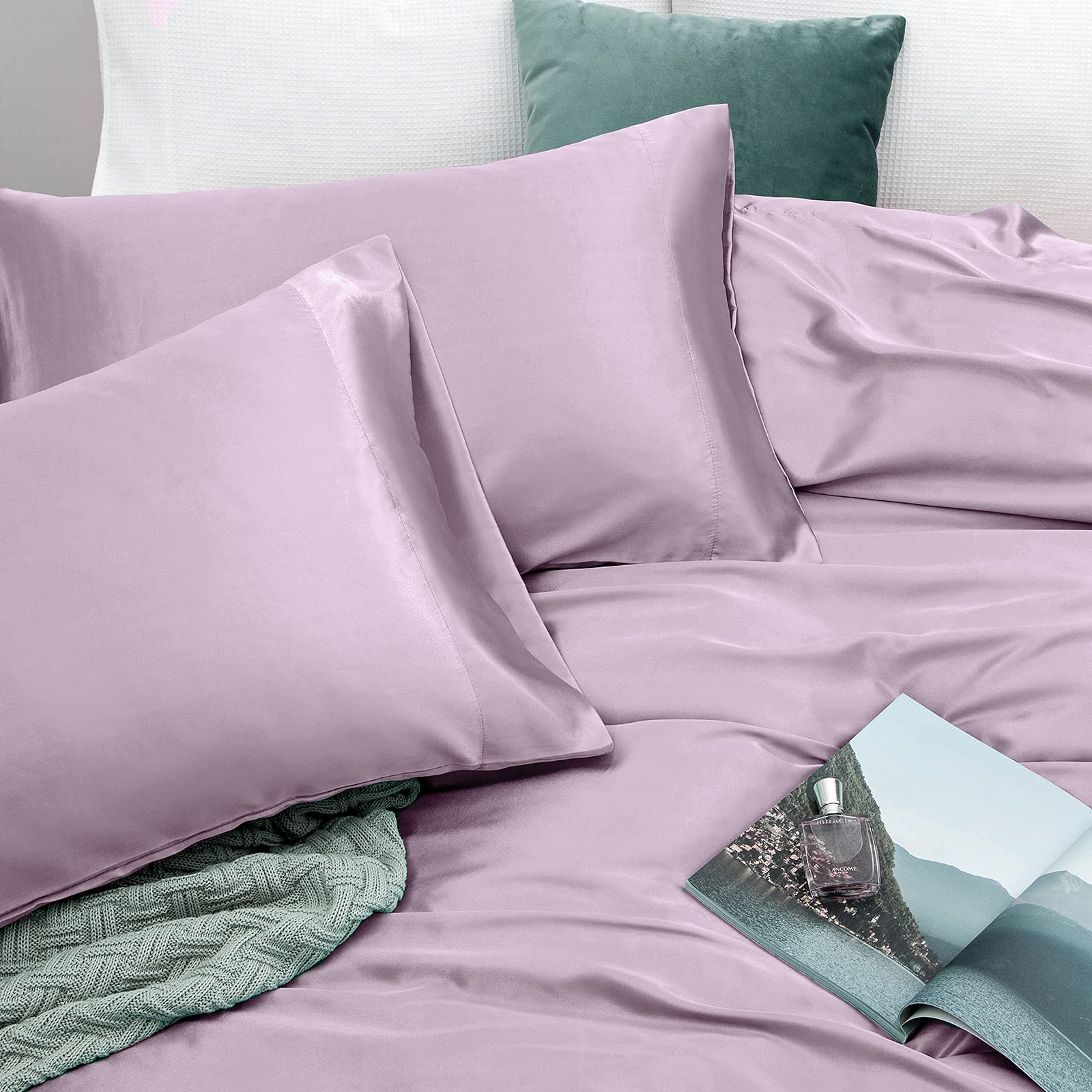 Vonty Satin Sheets Full Size Silky Soft Satin Bed Sheets Luxury Lavender Satin Sheet Set, 1 Deep Pocket Fitted Sheet + 1 Flat Sh