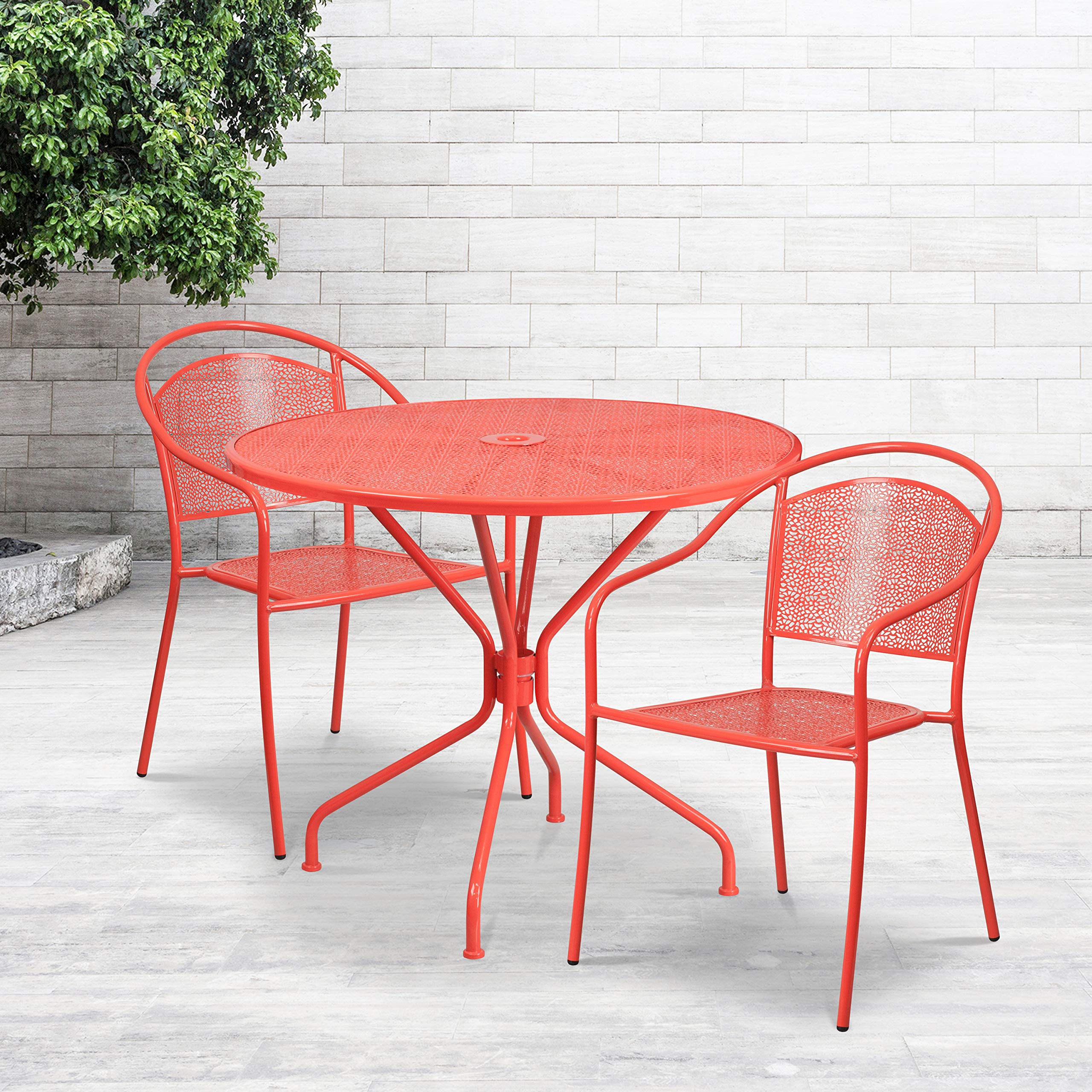 Flash Furniture Commercial Grade 35.25' Round Coral Indoor-Outdoor Steel Patio Table Set With 2 Round Back Chairs