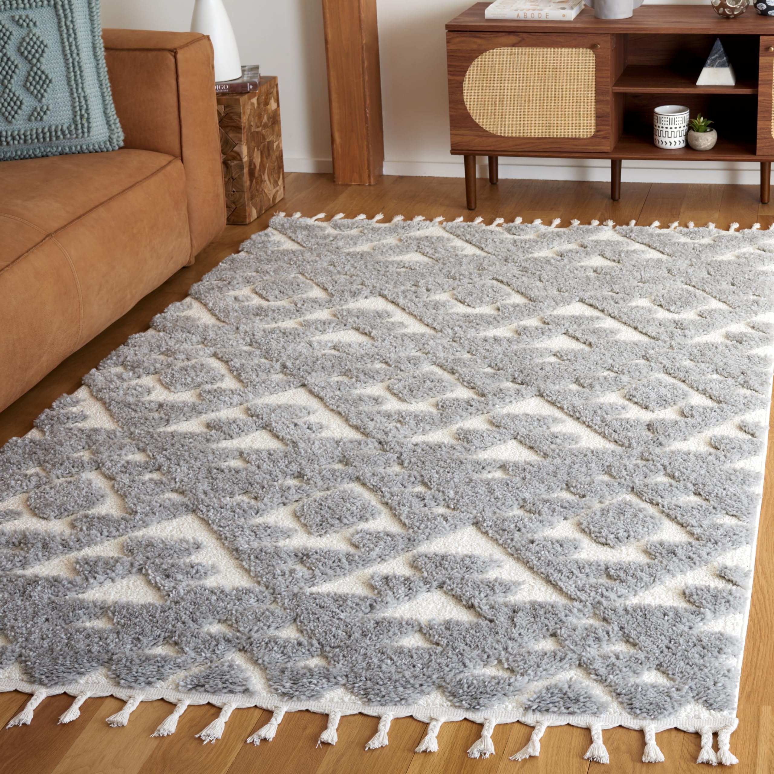 Safavieh Moroccan Tassel Shag Collection Square Rug - 67 Square, Grey & Ivory, Contemporary Design, Ideal for High Traffic Area