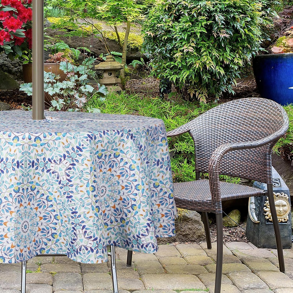 EHouseHome Round Tablecloth with Umbrella Hole and Zipper 70 inch Waterproof Polyester Mandara