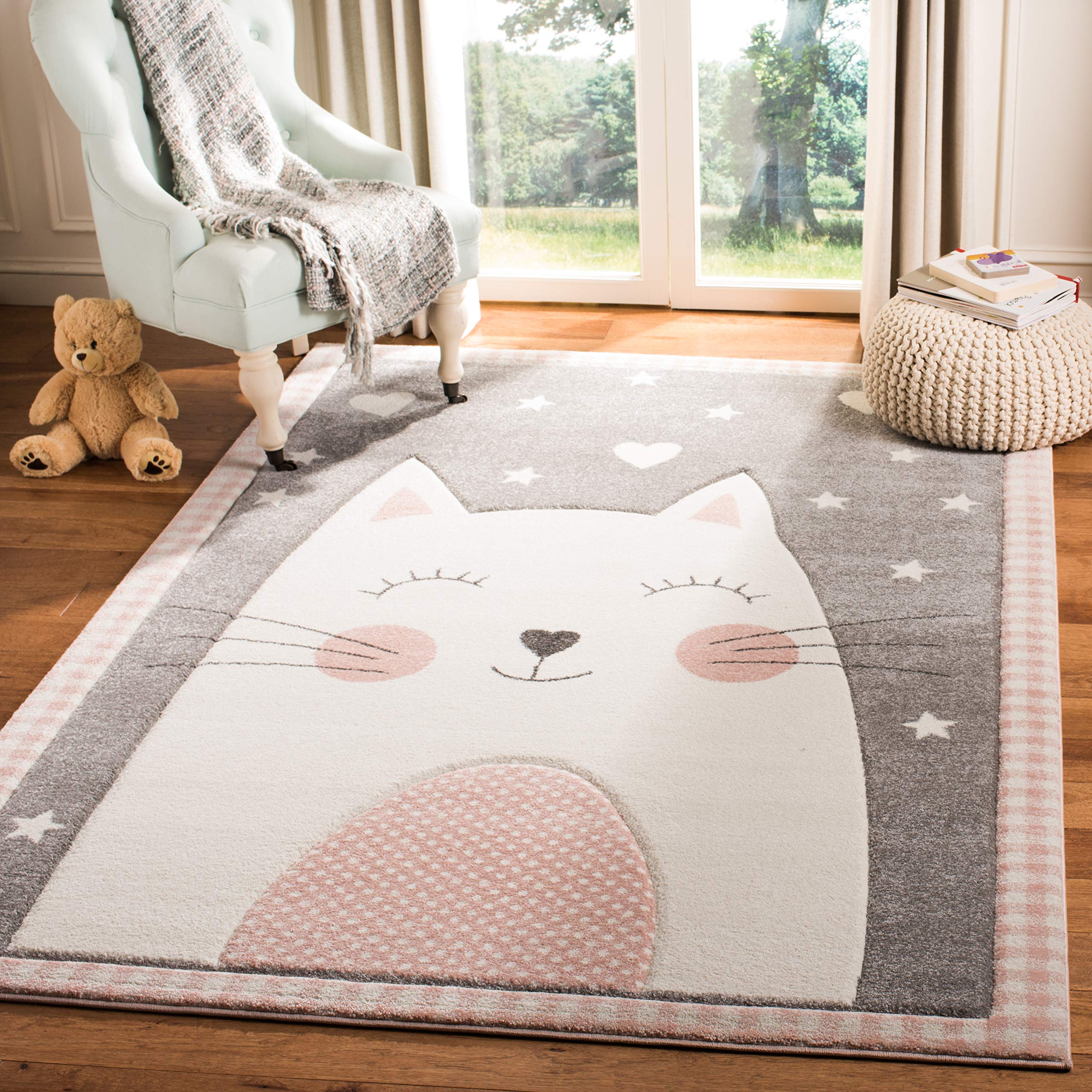 SAFAVIEH Carousel Kids Collection Area Rug - 53 x 76, Pink & Grey, Cat Design, Non-Shedding & Easy Care, Ideal for High Traffi