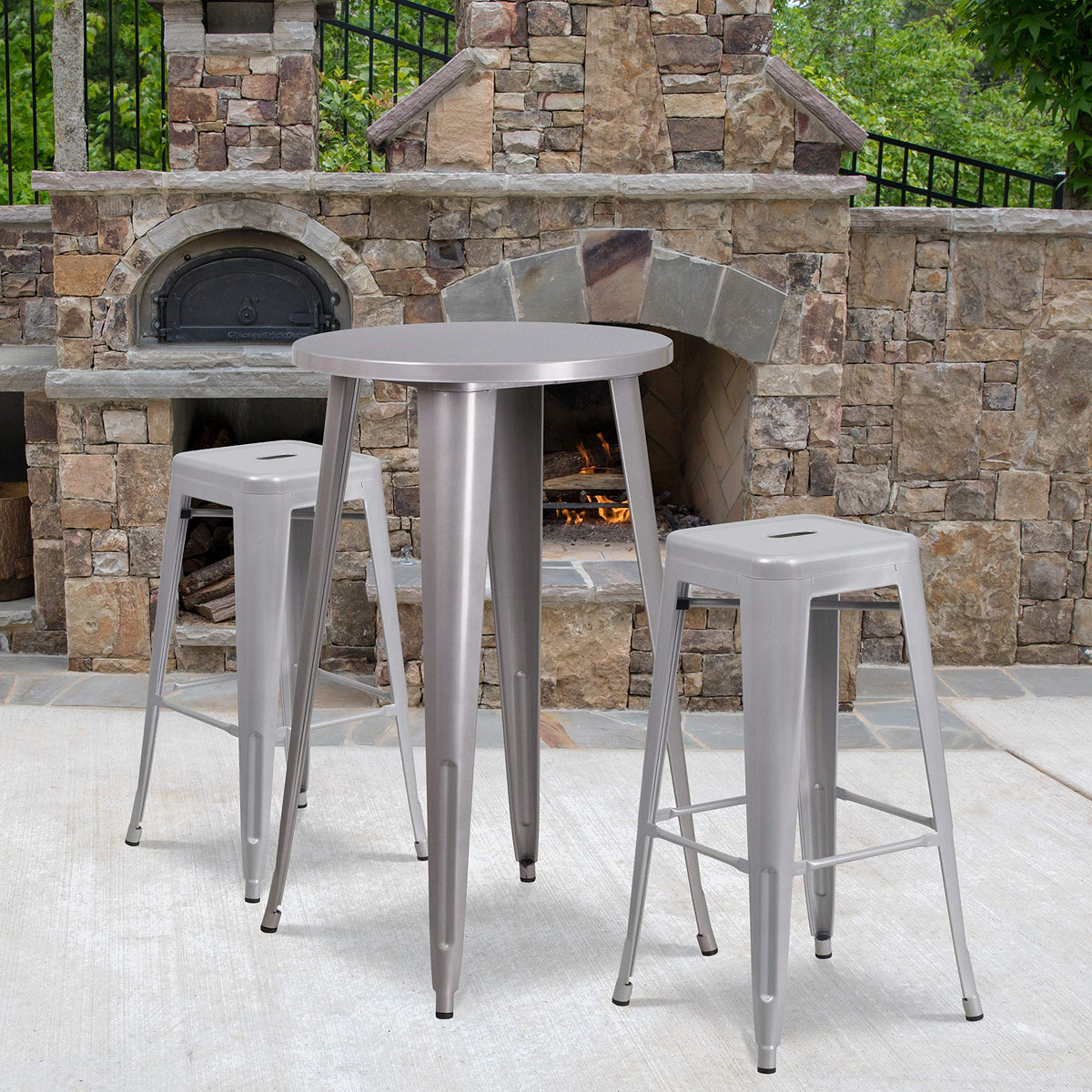 Flash Furniture Commercial Grade 24&quot; Round Silver Metal Indoor-Outdoor Bar Table Set with 2 Square Seat Backless Stools