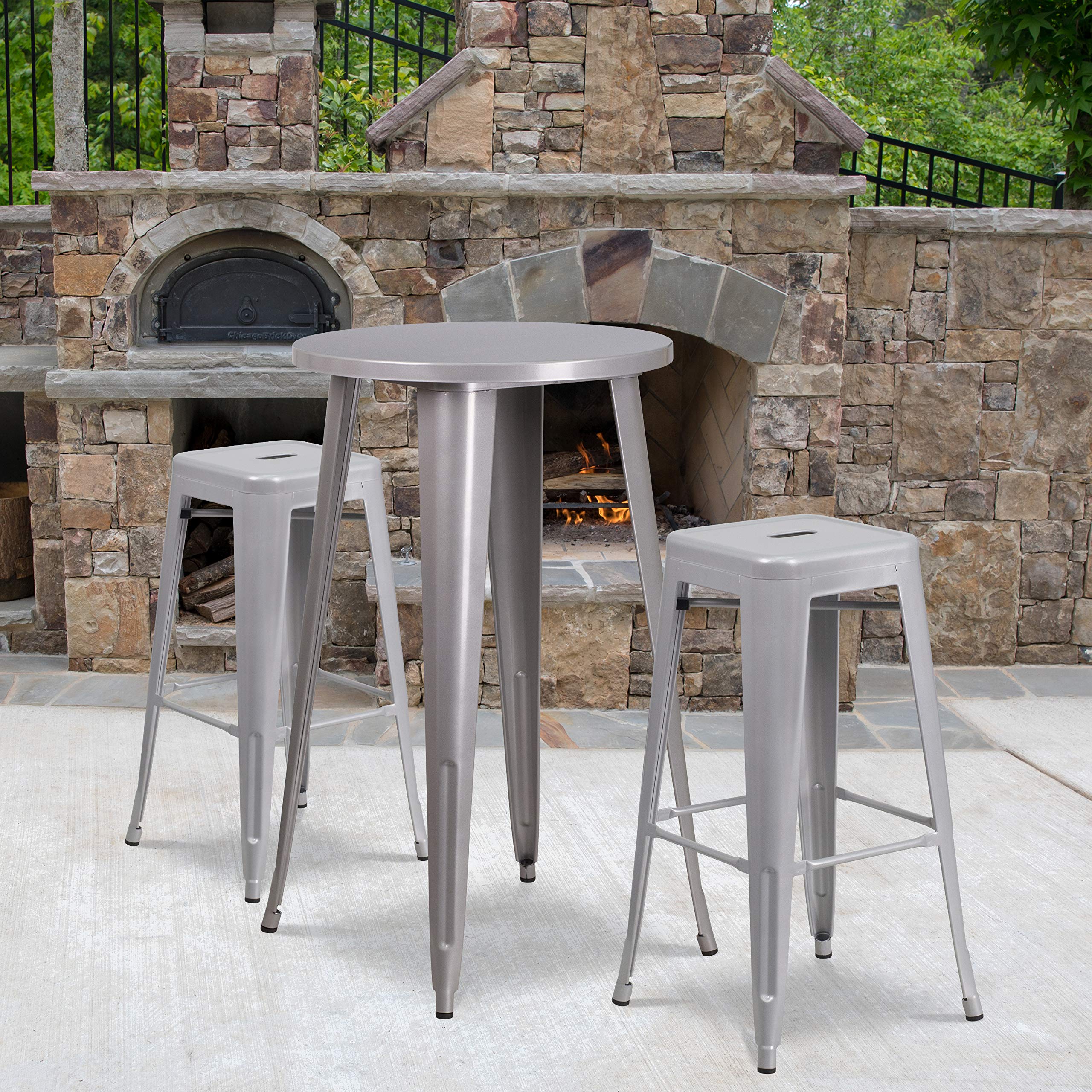 Flash Furniture Commercial Grade 24" Round Silver Metal Indoor-Outdoor Bar Table Set with 2 Square Seat Backless Stools