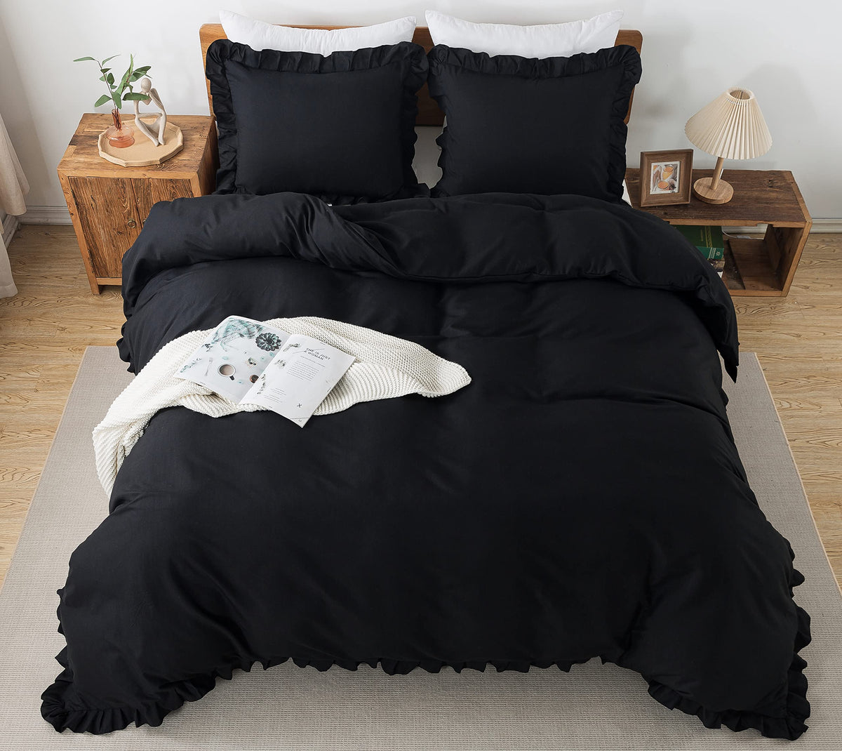 Andency Black Duvet Cover Full Size(79X90Inch), 3 Pieces(1 Ruffled Duvet Cover And 2 Pillowcases) Soft Microfiber Full Duvet Cov