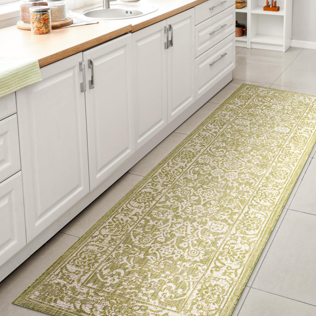 Jonathan Y Smb100D-210 Tela Bohemian Textured Weave Floral Indoor Outdoor -Area Rug, Coastal, Traditional, Transitional Easy-Cleaning,Bedroom,Kitchen,Backyard,Patio,Non Shedding, Green/Cream, 2 X 10