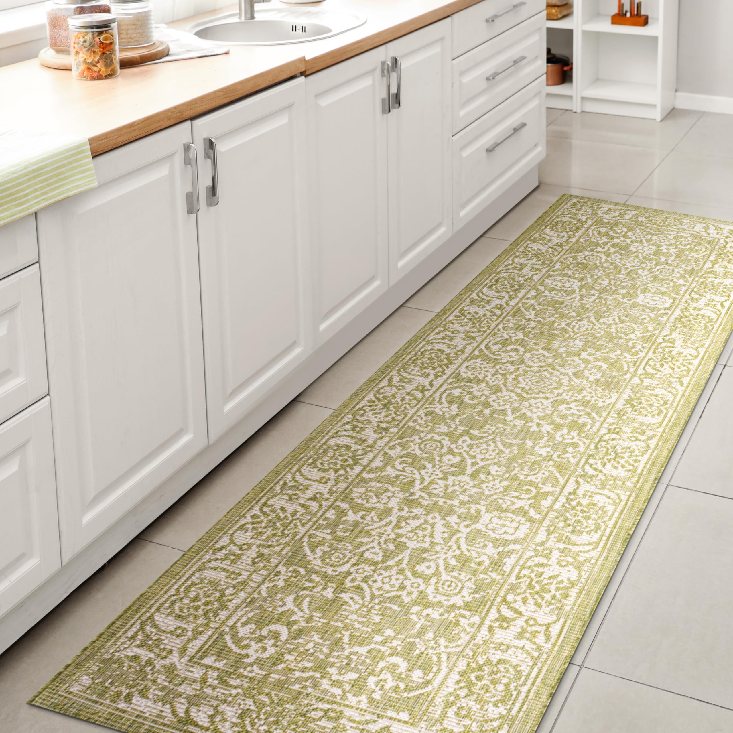 Jonathan Y Smb100D-210 Tela Bohemian Textured Weave Floral Indoor Outdoor -Area Rug, Coastal, Traditional, Transitional Easy-Cleaning,Bedroom,Kitchen,Backyard,Patio,Non Shedding, Green/Cream, 2 X 10