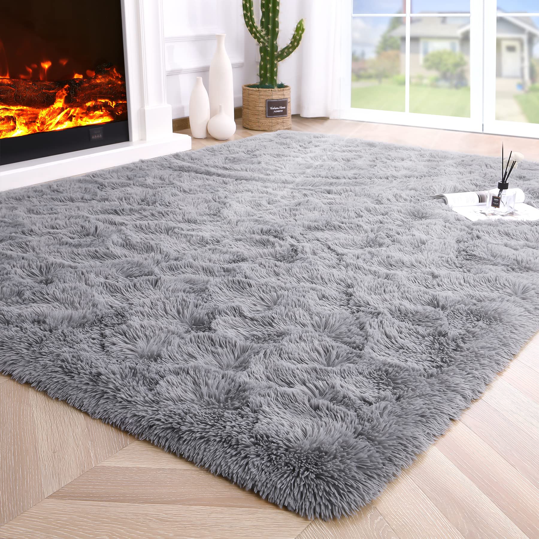 Noahas Fluffy Bedroom Carpet,4x5.3 Feet,Shaggy Fuzzy Grey Soft Rugs for Bedroom,Kids Room,Plush Nursery Rug for Baby,Thick Area 