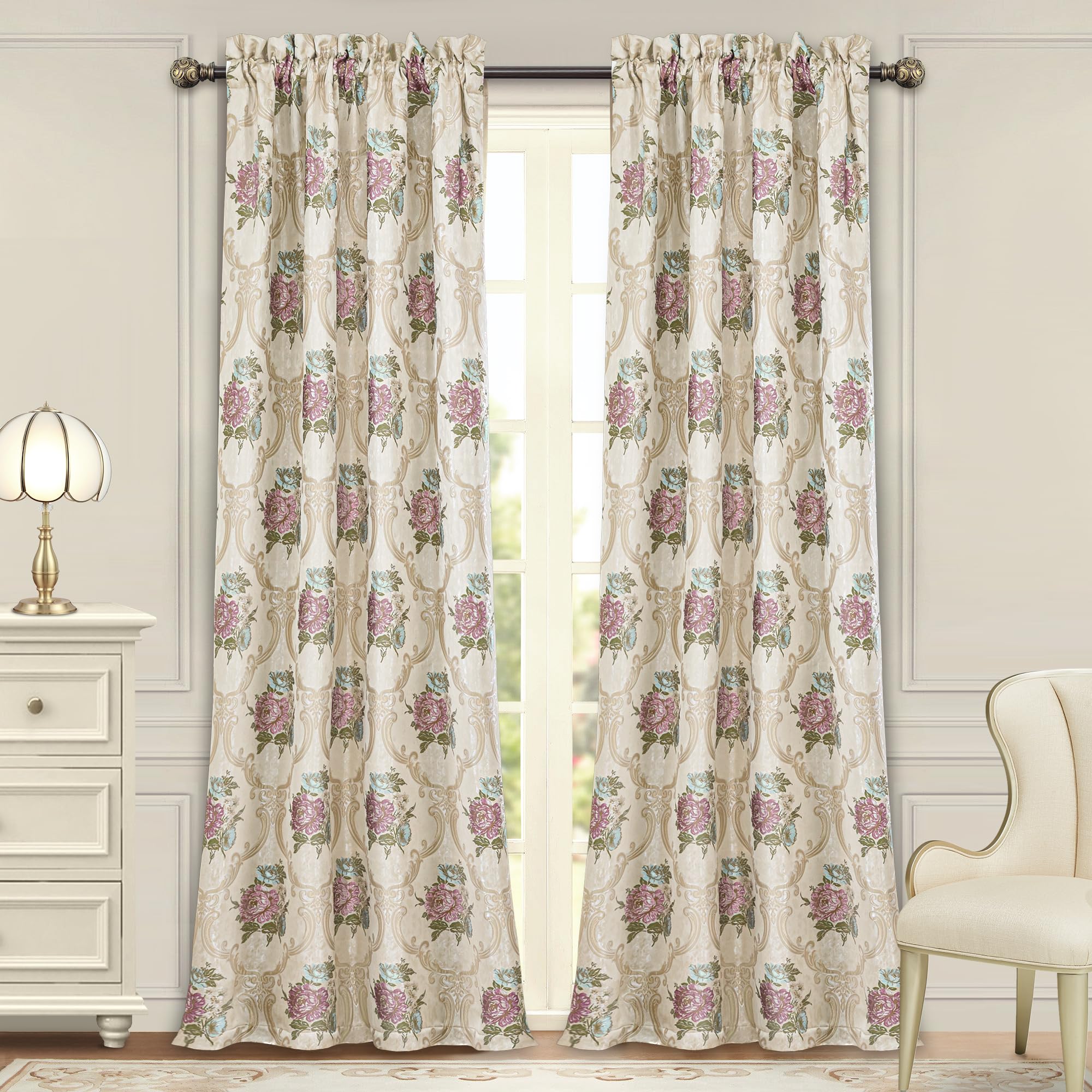 Loom And Mill Luxury Jacquard Curtains For Bedroom Living Room, European Style Curtains 2 Panels With Tiebacks, Elegant Window C
